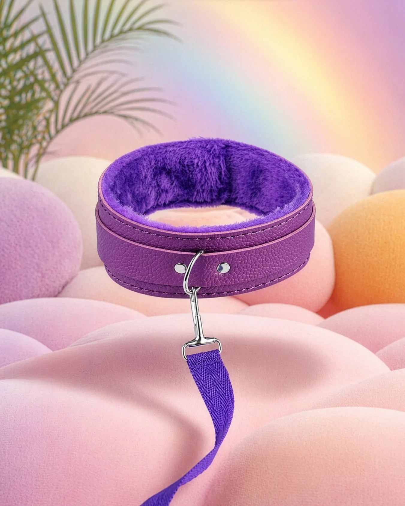 Purple BDSM collar and leash set floating in soft pastel room, fur lined collar designed for comfortable restraint and connection