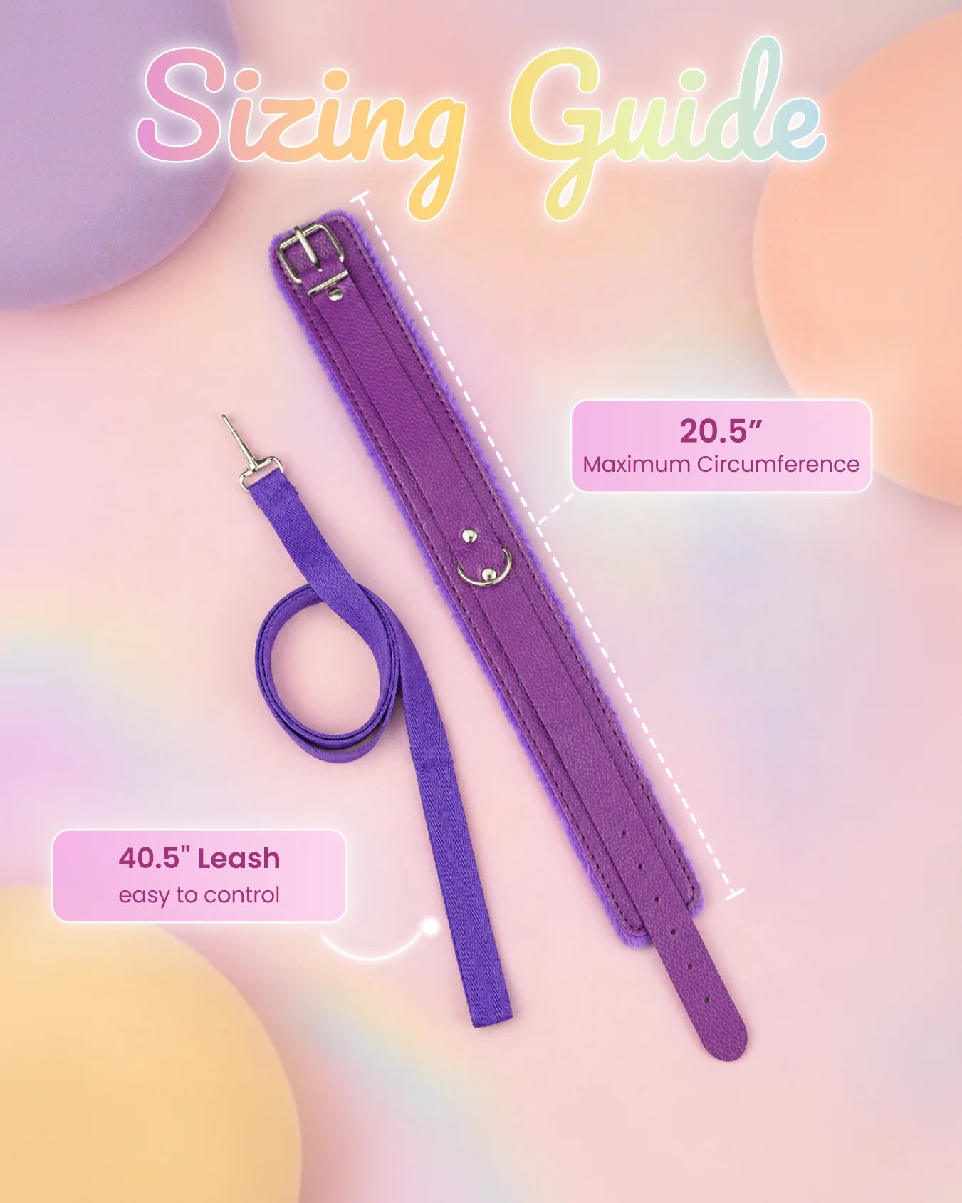 Purple BDSM collar and leash sizing details showing adjustable collar and leash length for comfortable fit