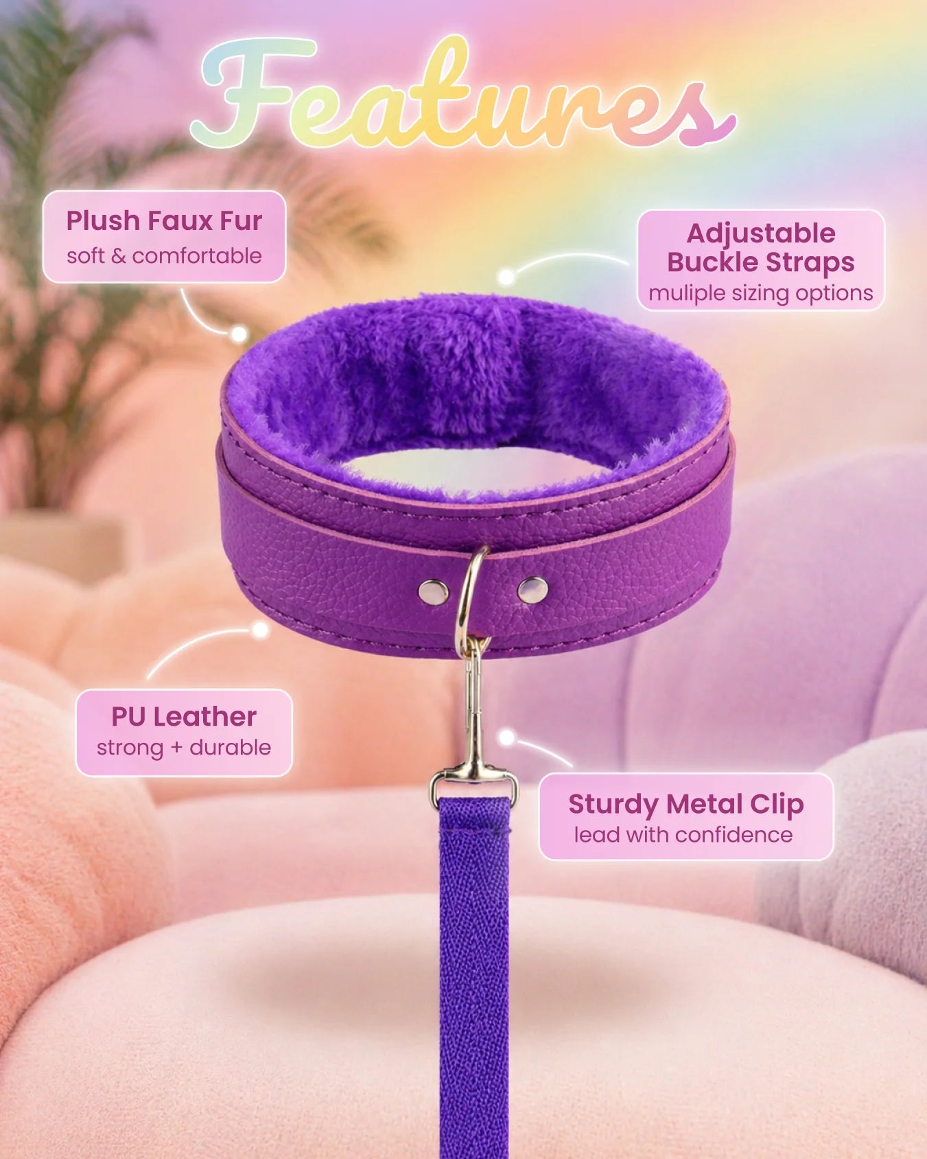 Purple BDSM collar and leash showing plush lining, adjustable buckle straps, and sturdy metal clip for secure restraint
