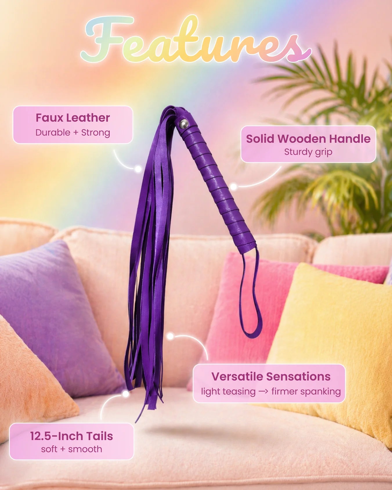 Purple faux leather spanking flogger features highlighting soft tails and controlled impact play design