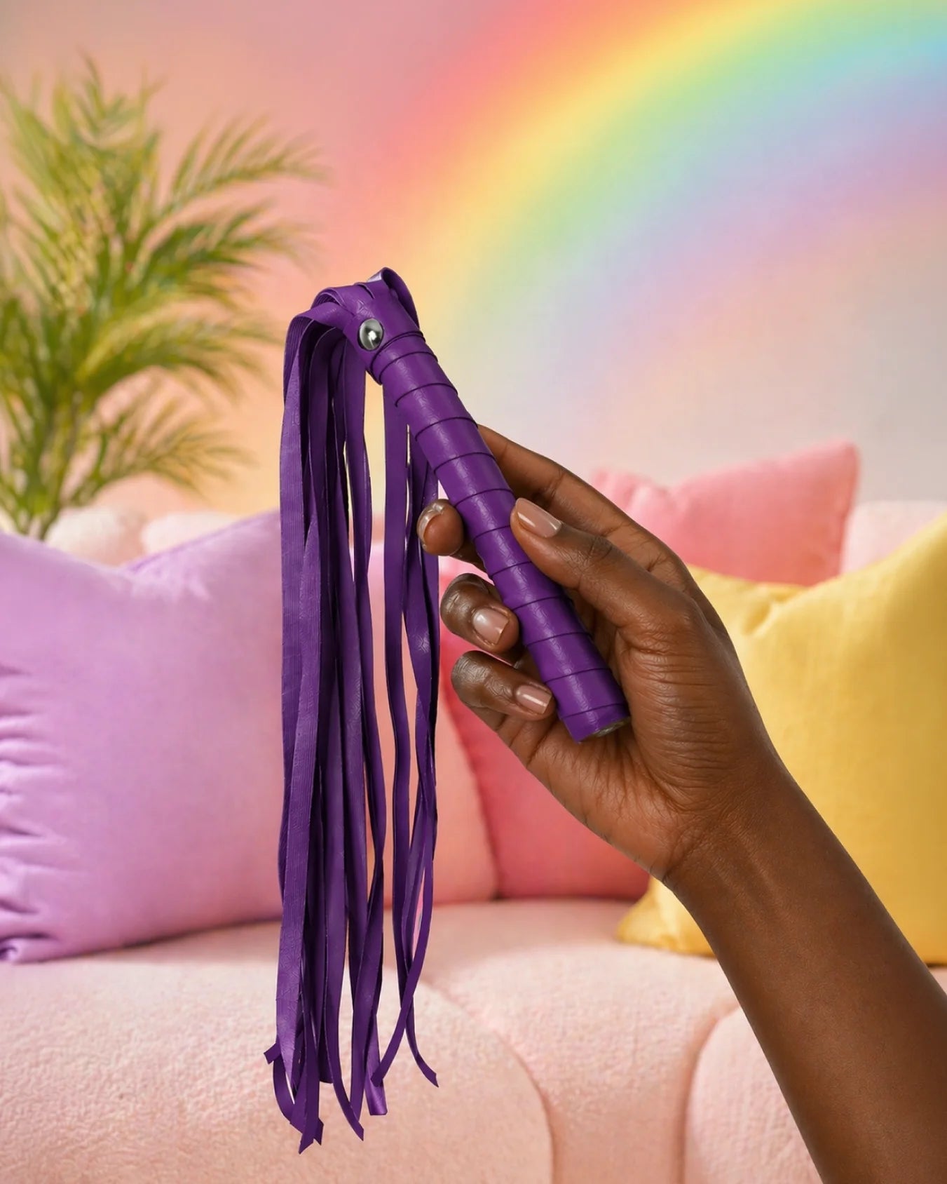 Purple faux leather spanking flogger held in hand showing flexible tails and beginner-friendly design