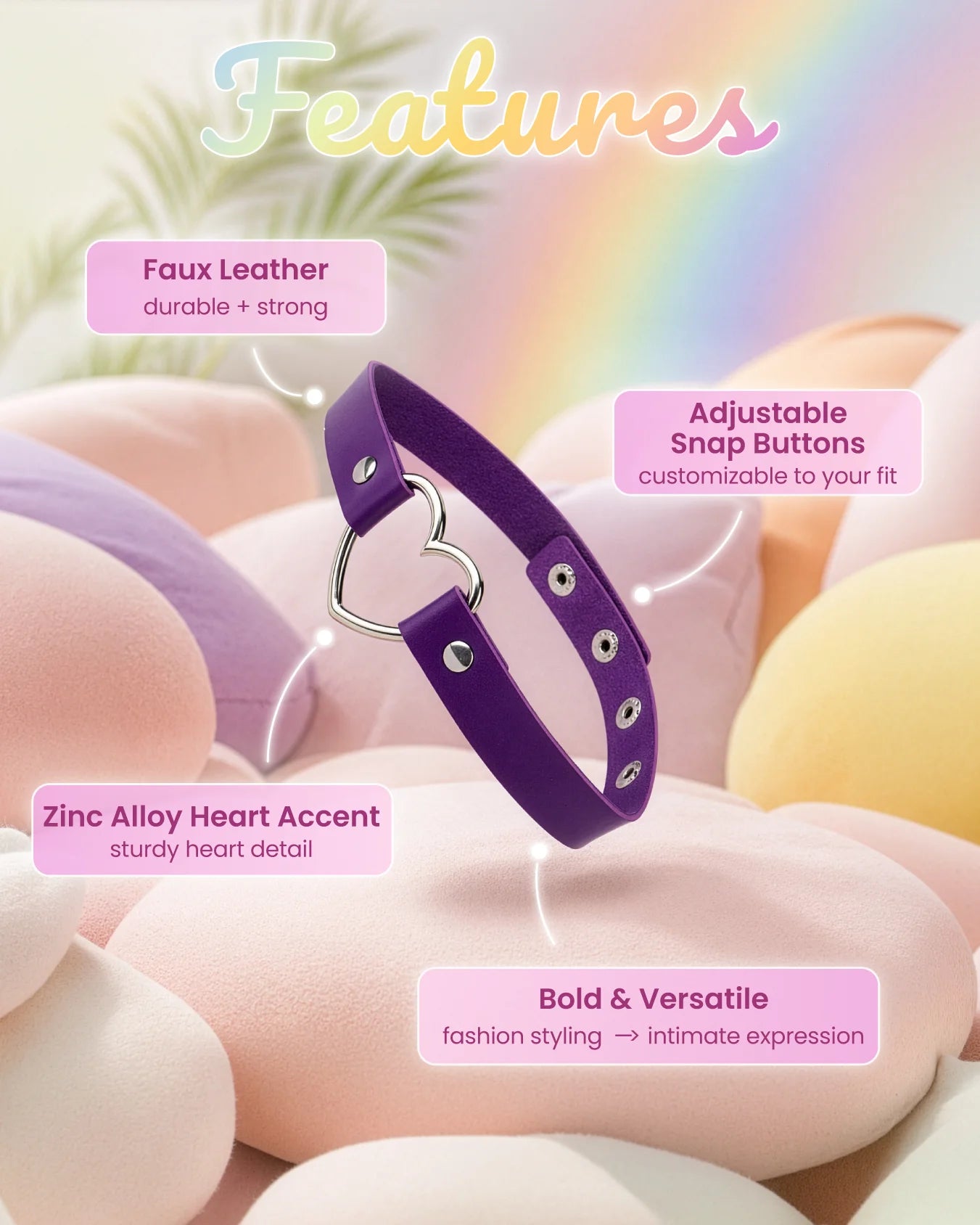 Purple BDSM heart choker collar highlighting faux leather build, adjustable snap buttons, and metal heart ring accent