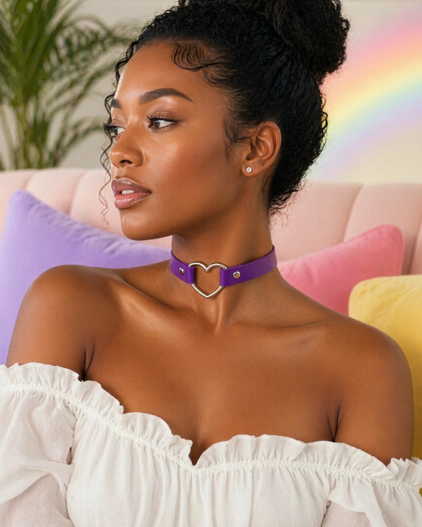 Woman wearing purple heart choker collar, soft faux leather BDSM neck collar designed for expressive restraint and comfort