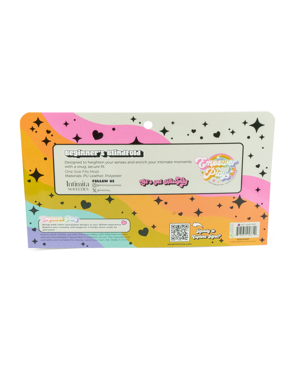 Back of purple beginner blindfold packaging showing product details and instructions