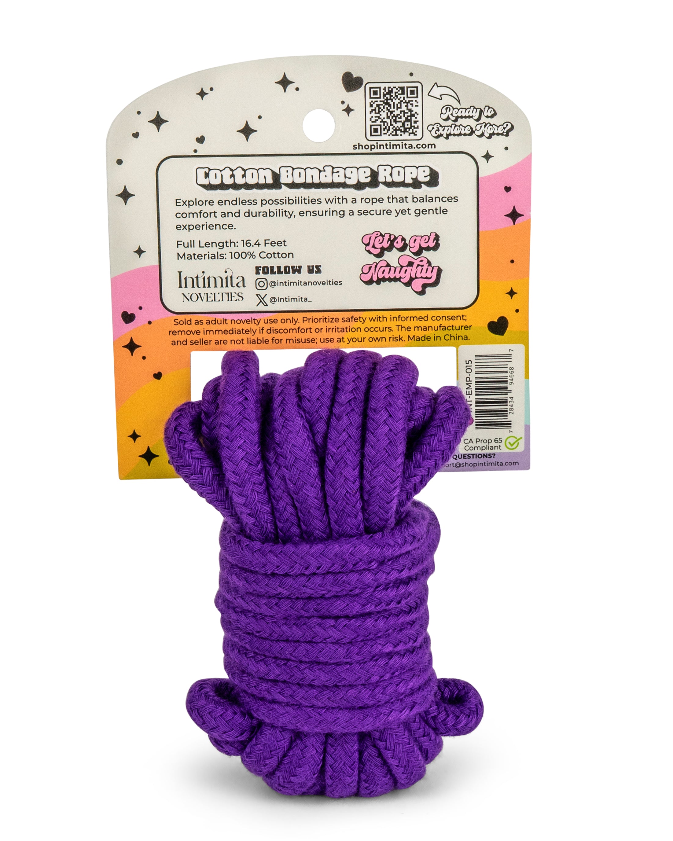 Back of purple cotton bondage rope packaging with product details, material information, and usage guidance