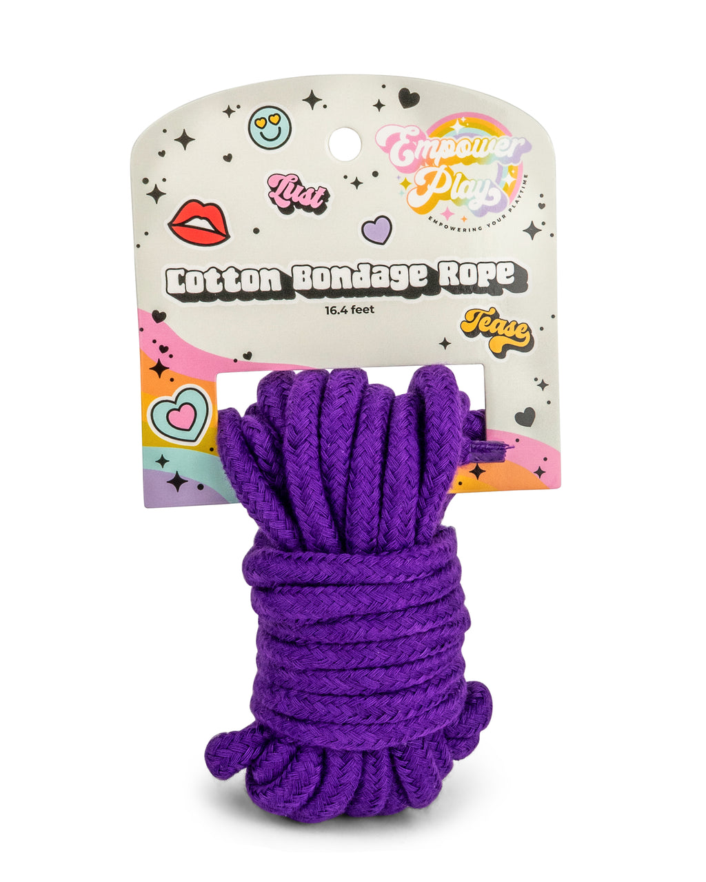 Purple cotton bondage rope, 16.4 feet long, comfortable rope for beginner bondage and gentle restraint, shown in retail packaging