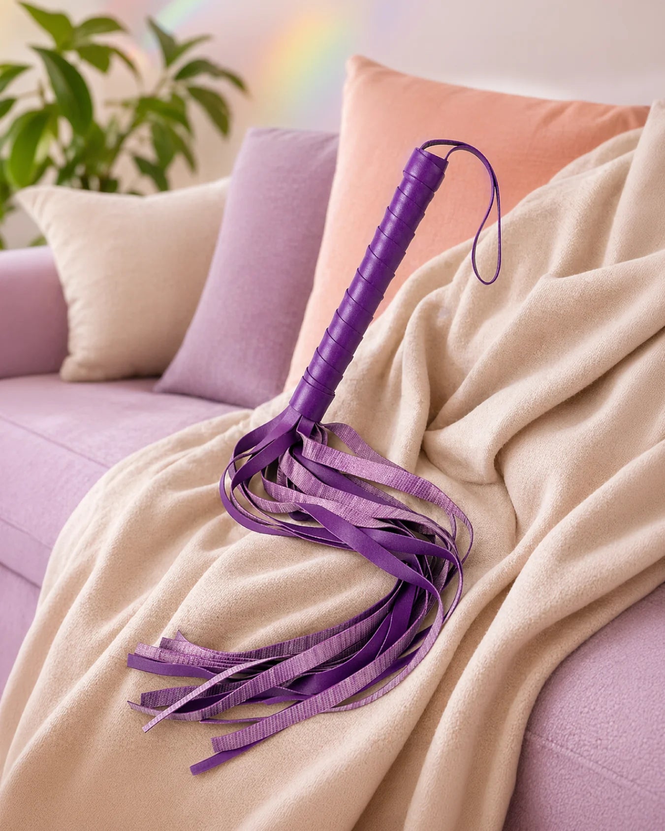 Purple BDSM flogger with soft faux leather tails displayed on bed for beginner impact play