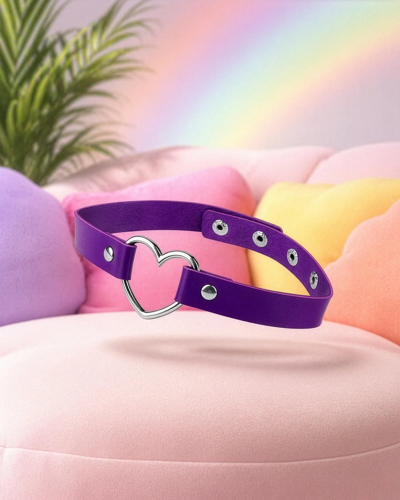 Purple faux leather heart choker collar floating in pastel setting, adjustable BDSM collar with metal heart ring detail