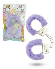 Purple furry handcuffs with plush faux-fur lining, metal locking cuffs, and branded packaging from Empower Play™ for beginner BDSM.