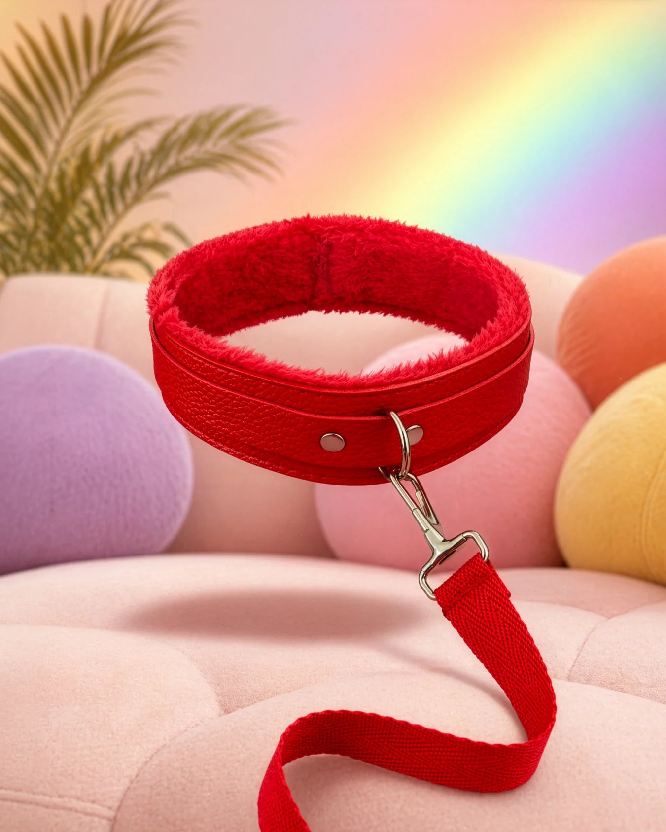 Red BDSM collar and leash set floating in bedroom setting, bold faux leather collar with soft lining for confident restraint