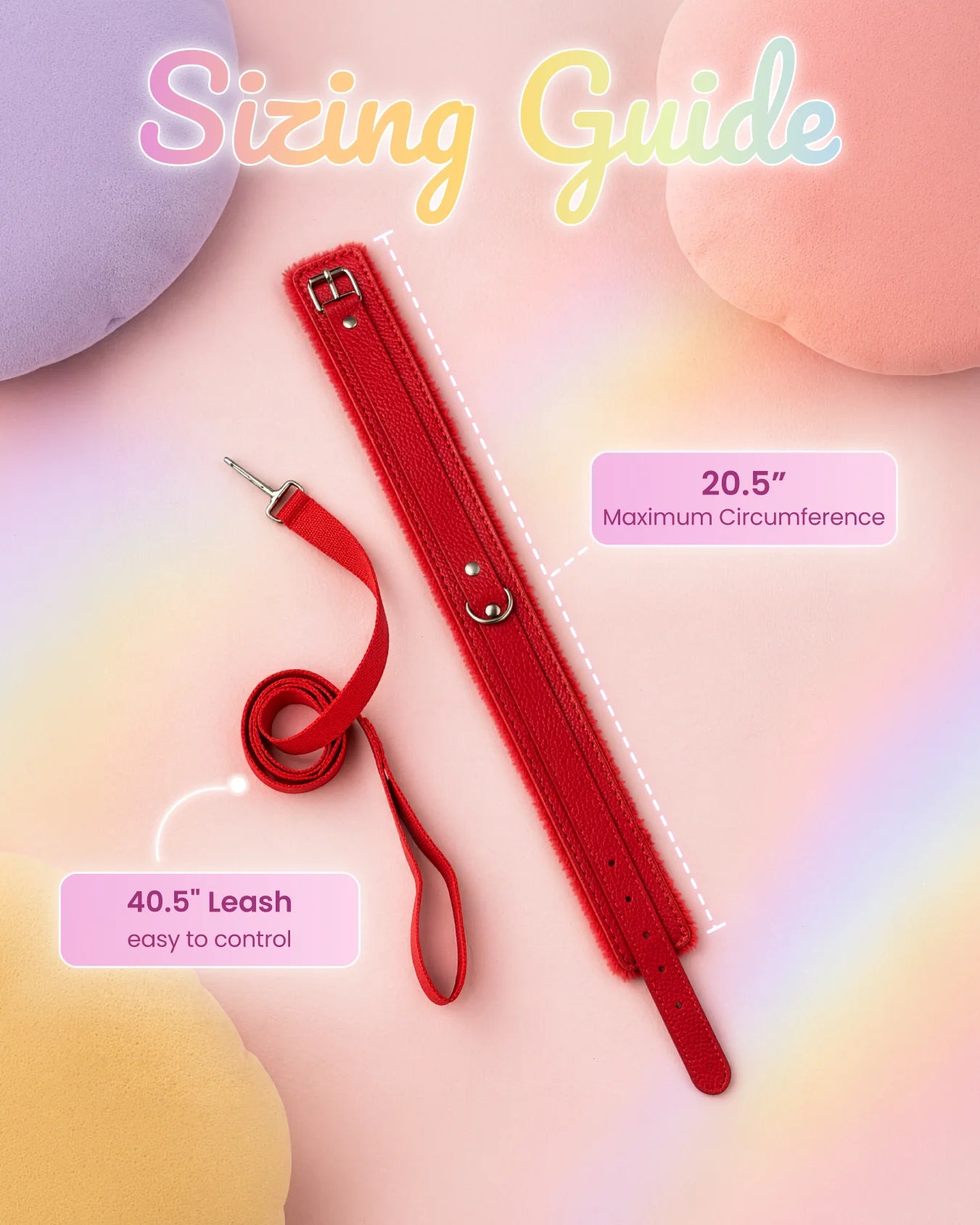 Red BDSM collar and leash sizing guide showing adjustable collar circumference and leash length for controlled play