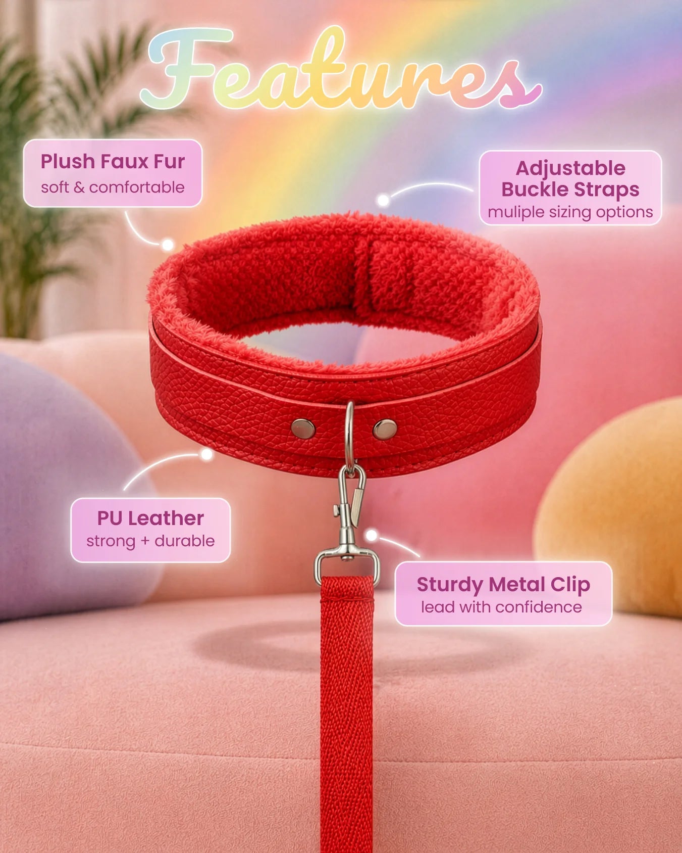 Red BDSM collar and leash highlighting soft faux fur interior, adjustable straps, and durable clip for reliable restraint