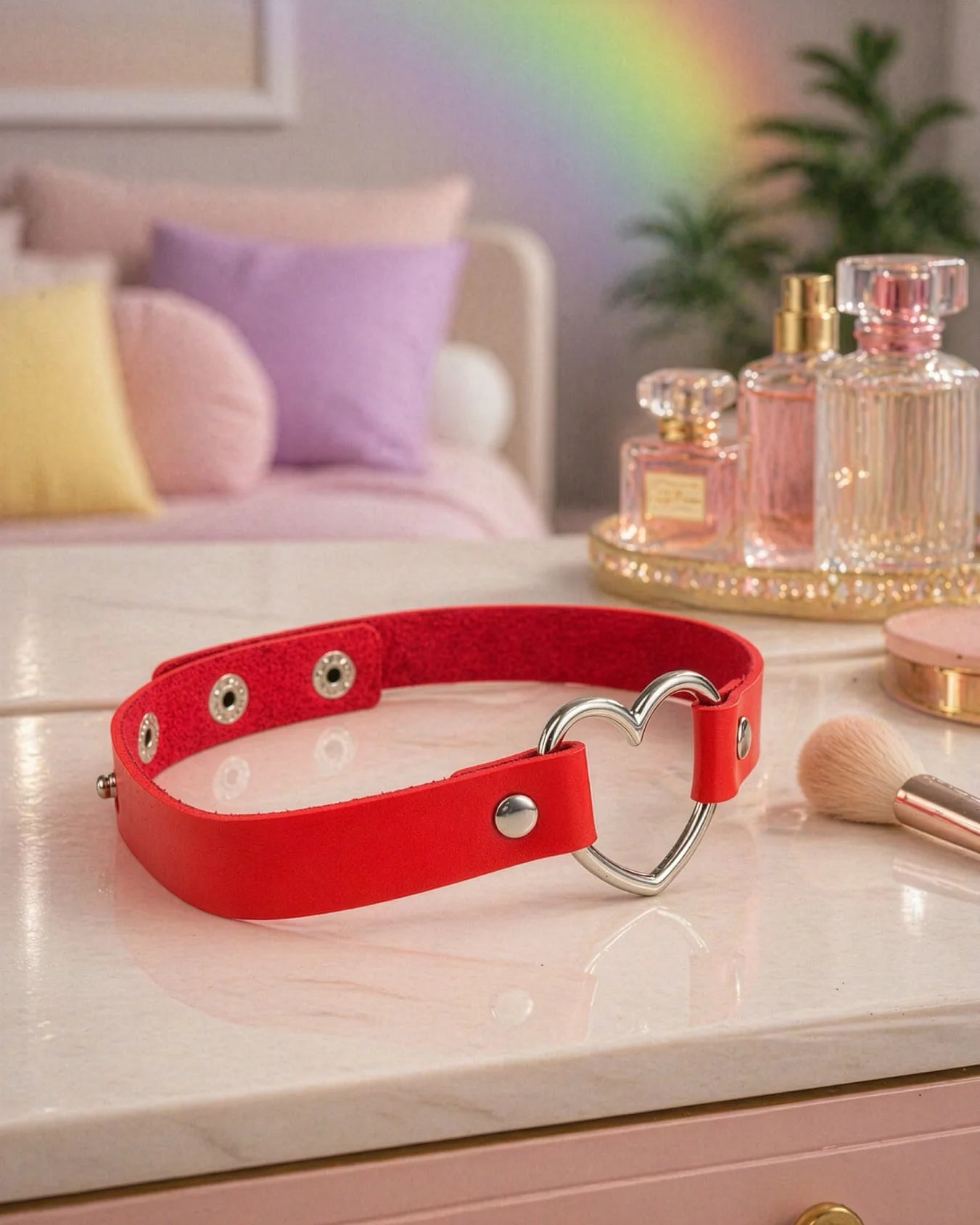 Red BDSM heart choker collar placed on vanity counter, adjustable faux leather collar with durable hardware and heart detail