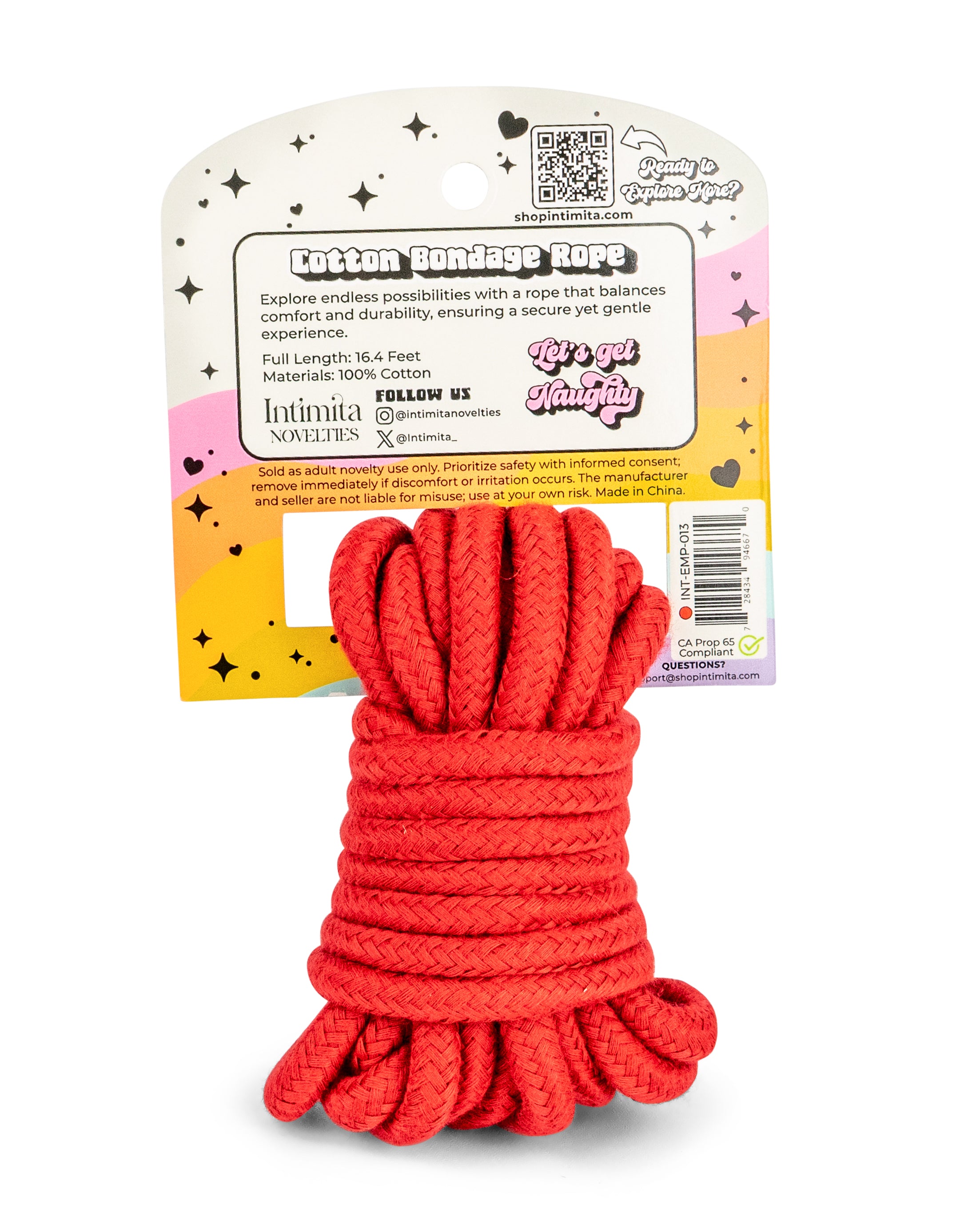 Back of red cotton bondage rope packaging with product details, material information, and usage guidance