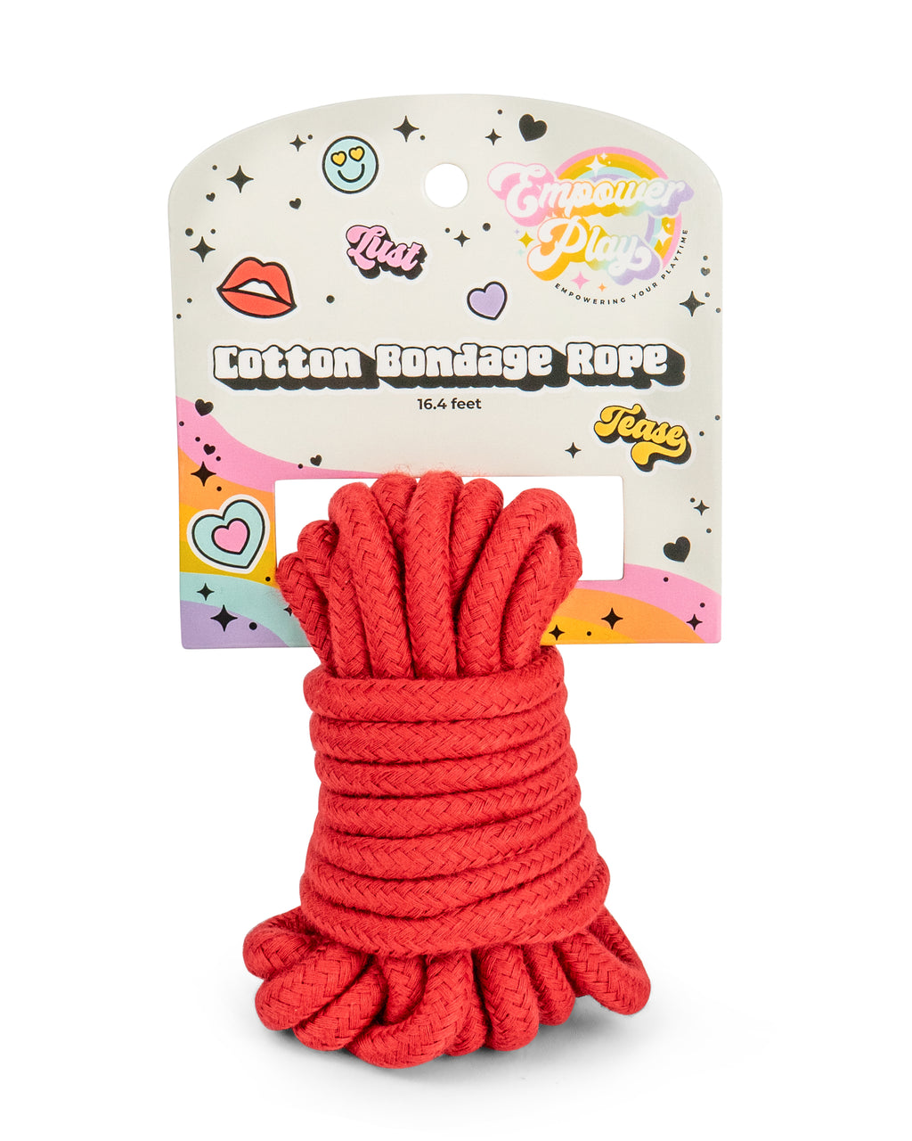 Red cotton bondage rope, 16.4 feet long, soft and durable rope for beginner bondage and light restraint, shown in retail packaging