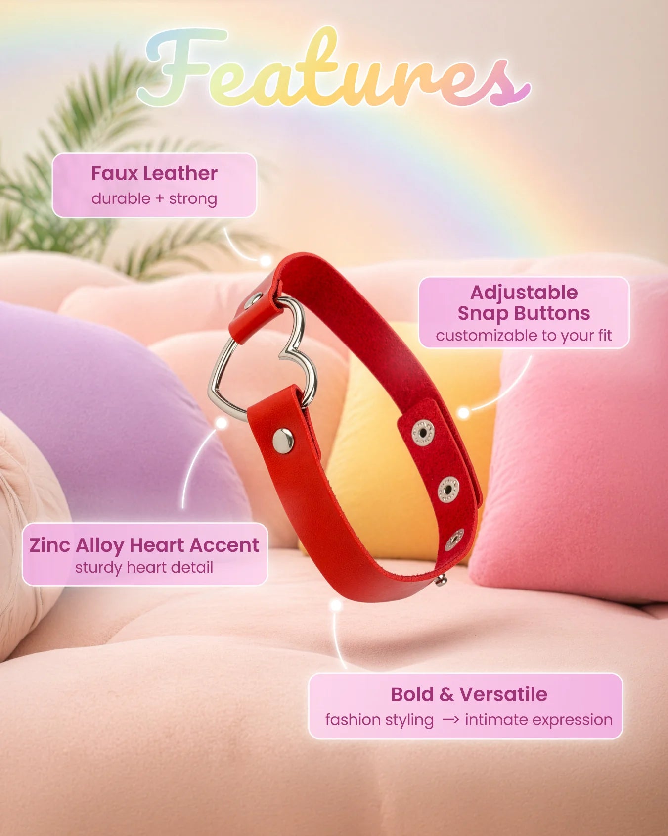 Red faux leather BDSM heart choker showing adjustable snaps, strong metal heart ring, and durable collar construction