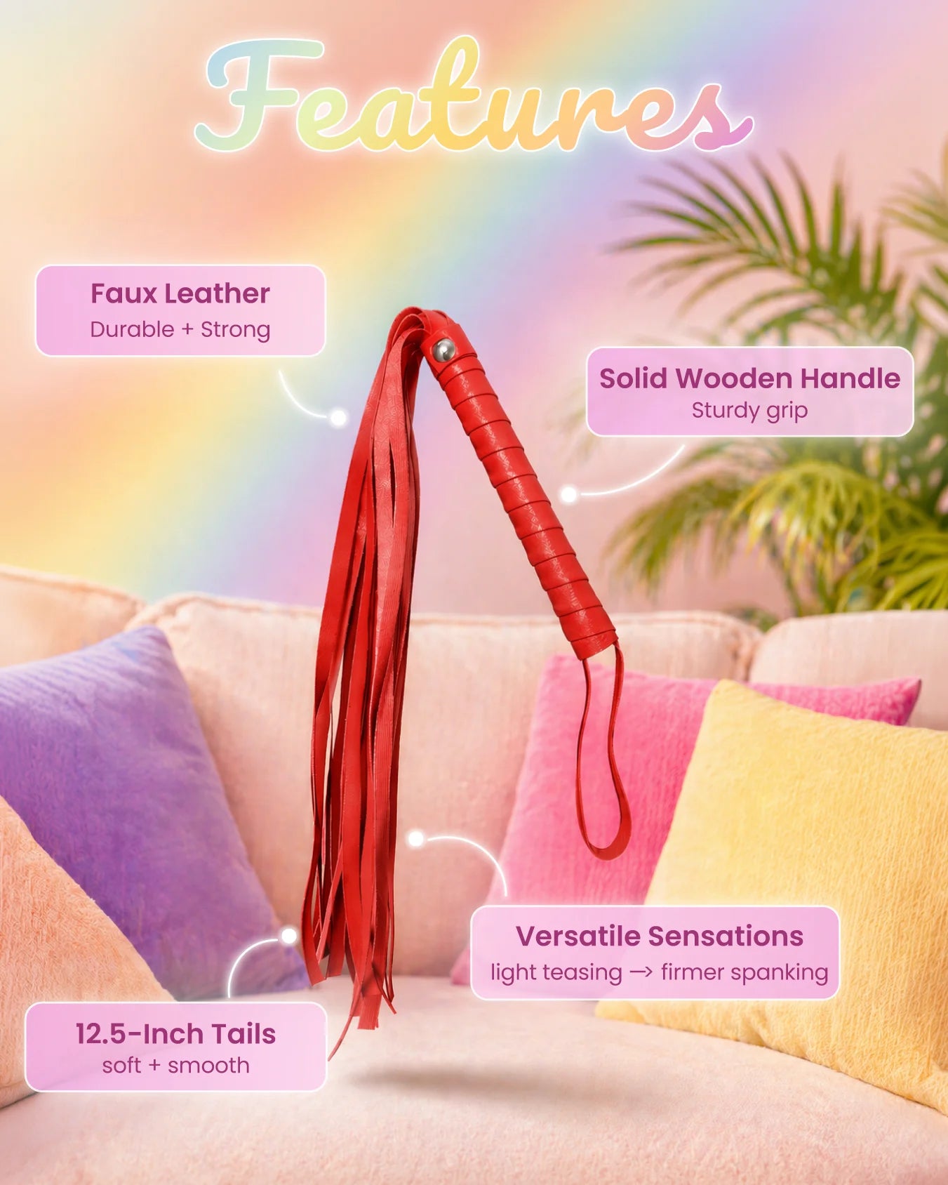 Red BDSM flogger features showing faux leather tails, firm grip handle, and versatile impact play use