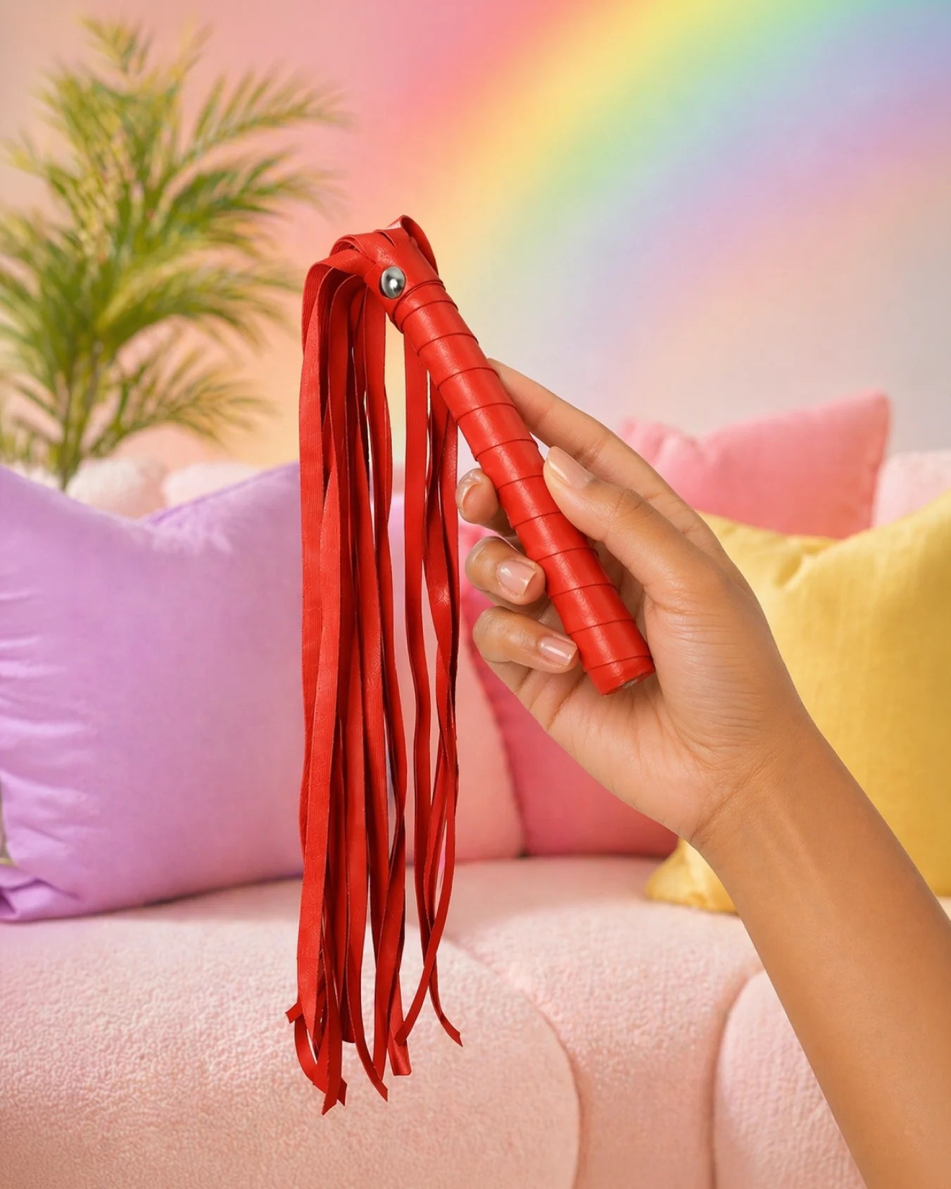 Handheld red BDSM flogger with faux leather tails and wooden handle for controlled impact play