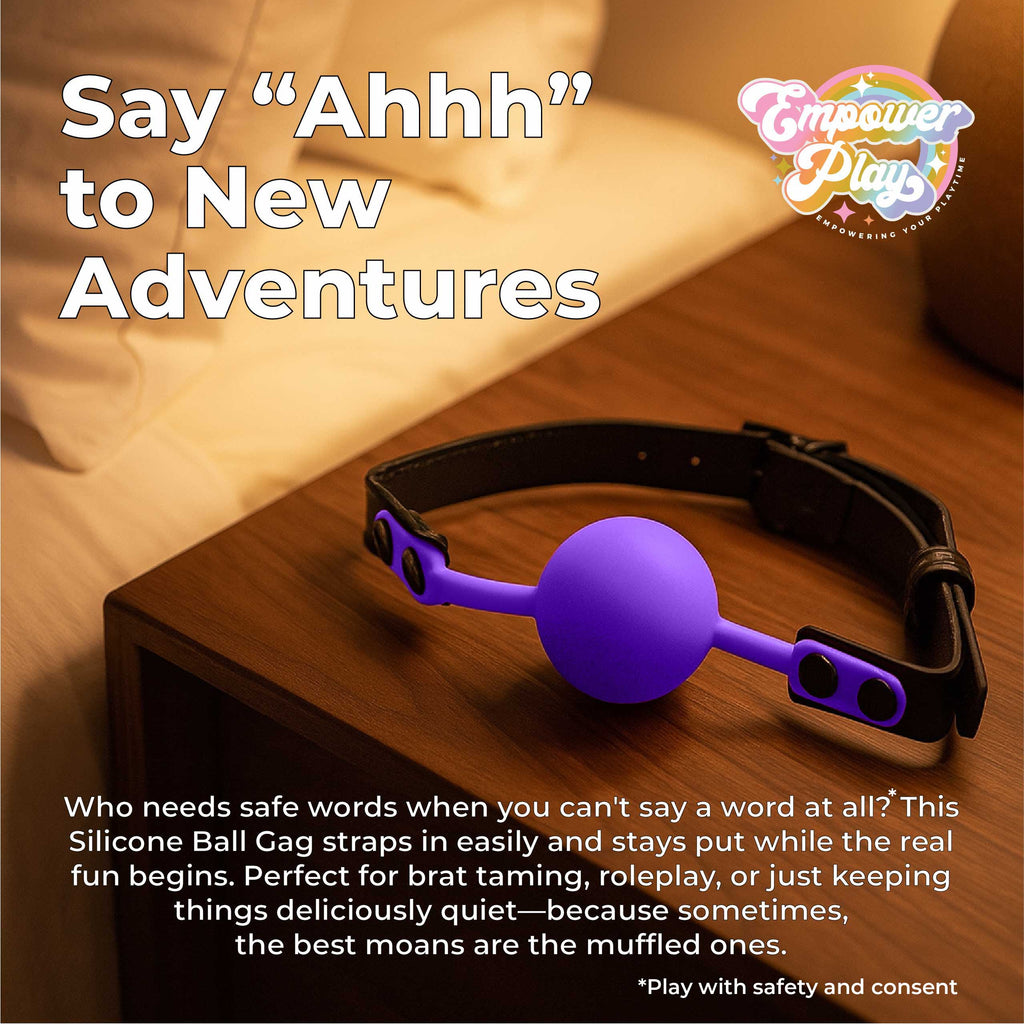 Royal purple silicone ball gag in bedroom lifestyle scene, beginner-friendly mouth gag