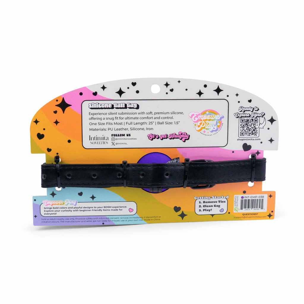 Back of royal purple silicone ball gag packaging with product details