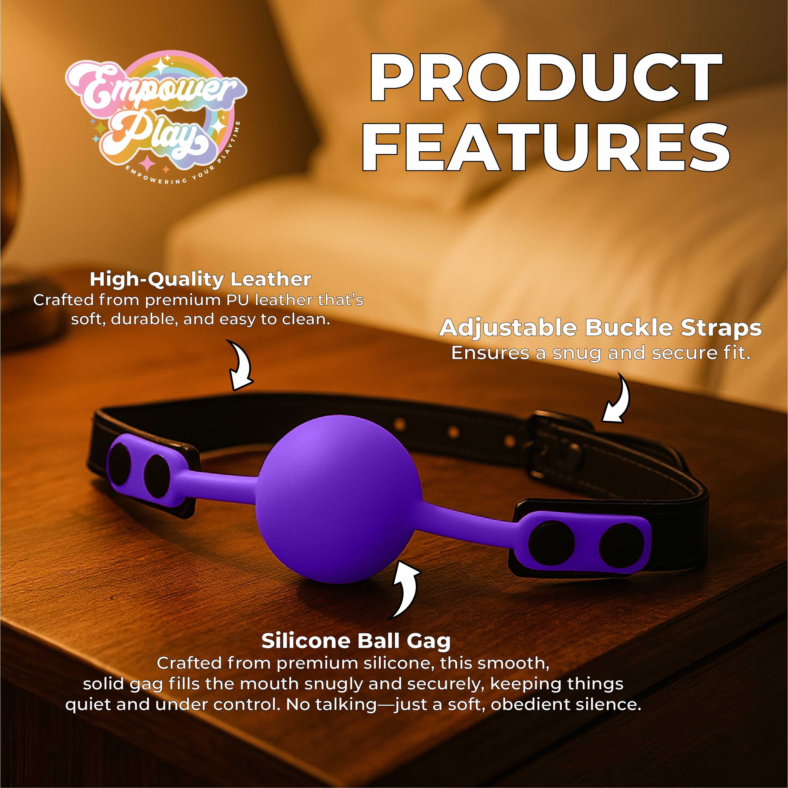 Royal purple silicone ball gag showing soft silicone ball and adjustable buckle straps