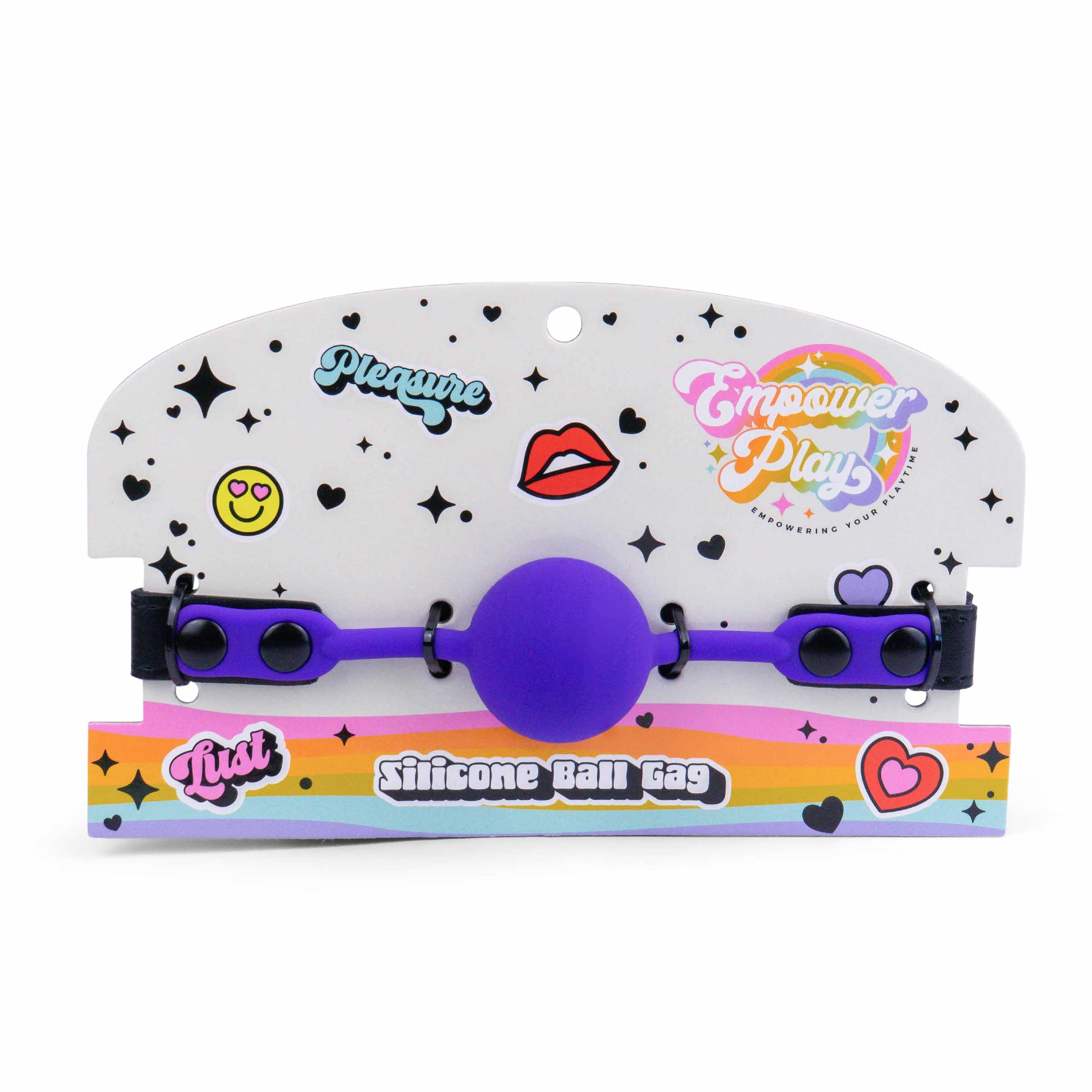 Front view of royal purple silicone ball gag retail packaging