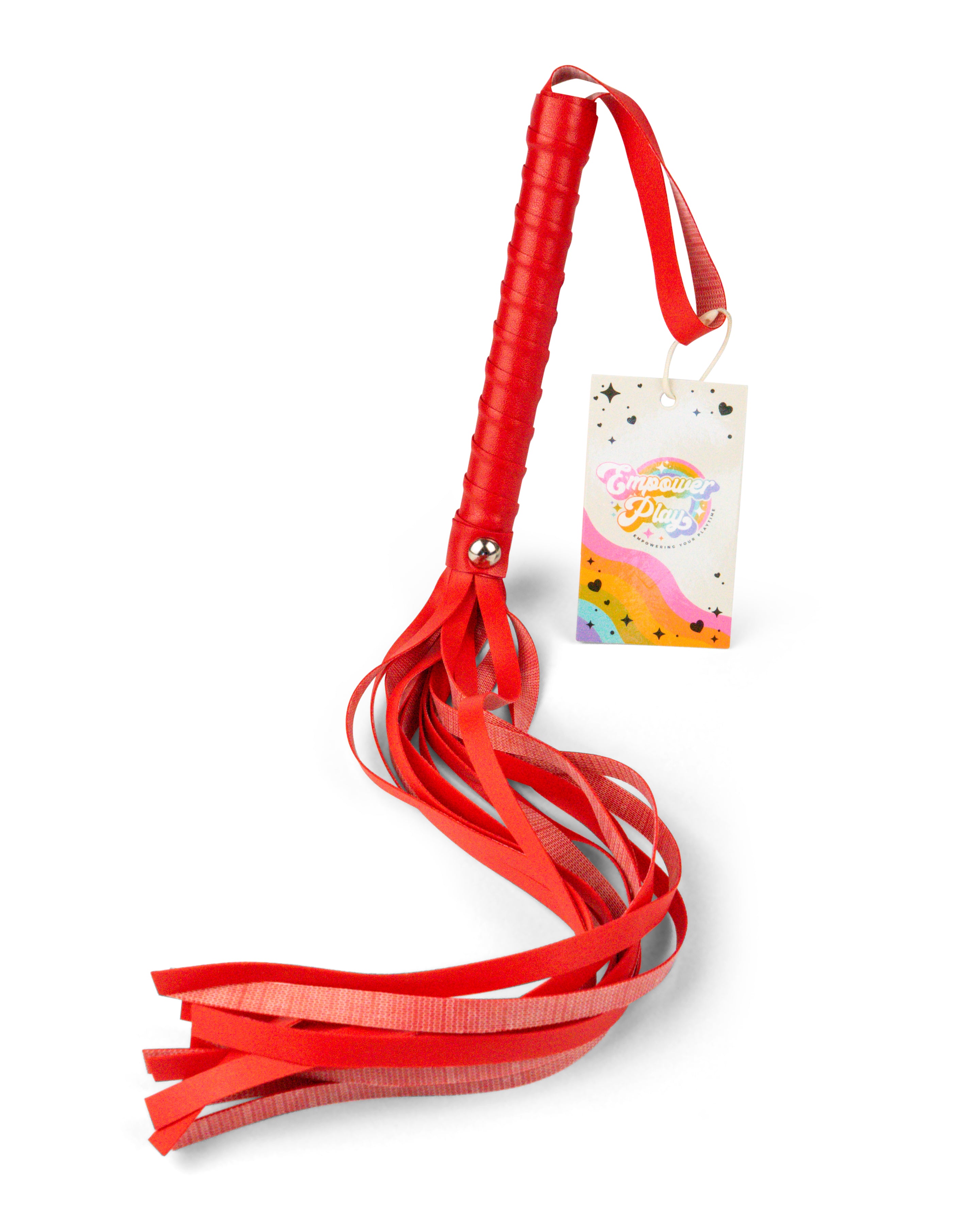 Scarlet red faux leather spanking flogger by Empower Play with flexible tails and wrist loop, beginner-friendly BDSM impact toy