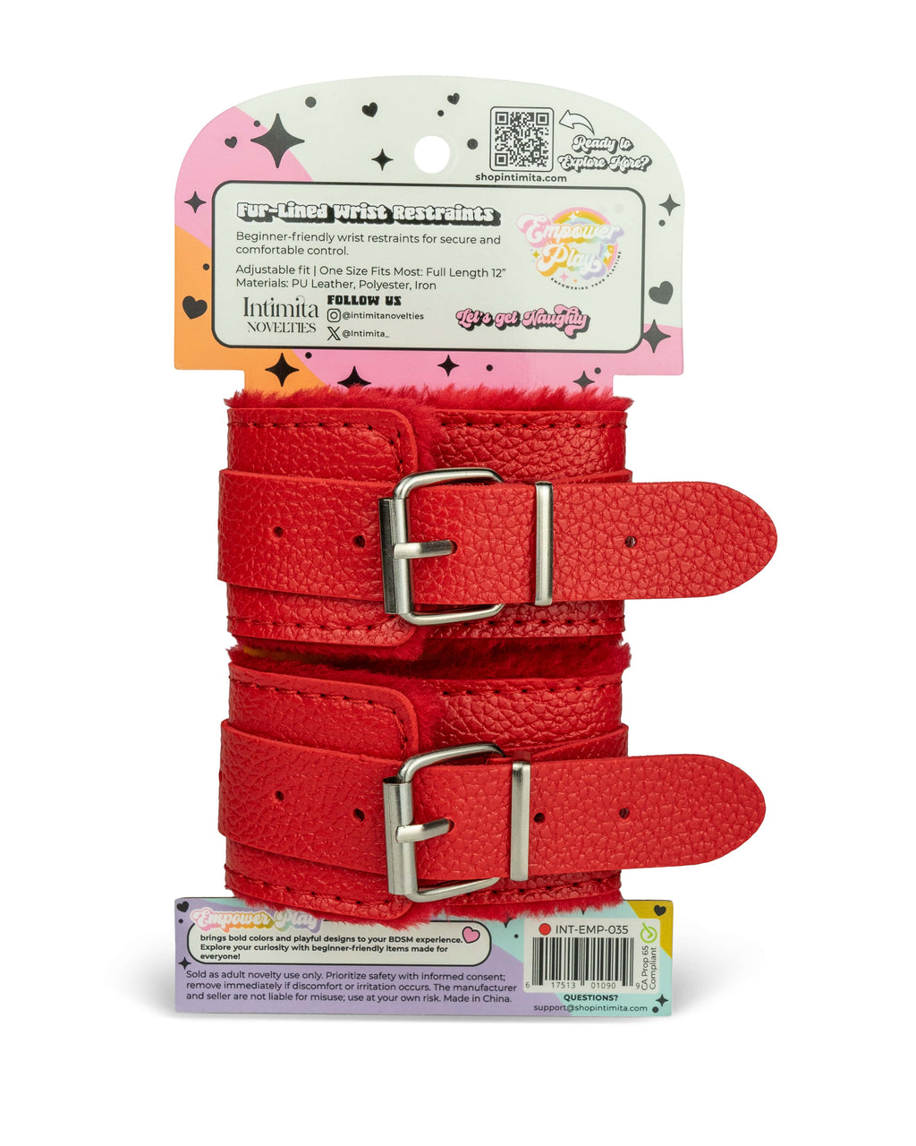 Back of scarlet red fur-lined wrist restraints packaging showing product details, sizing, and usage guidance