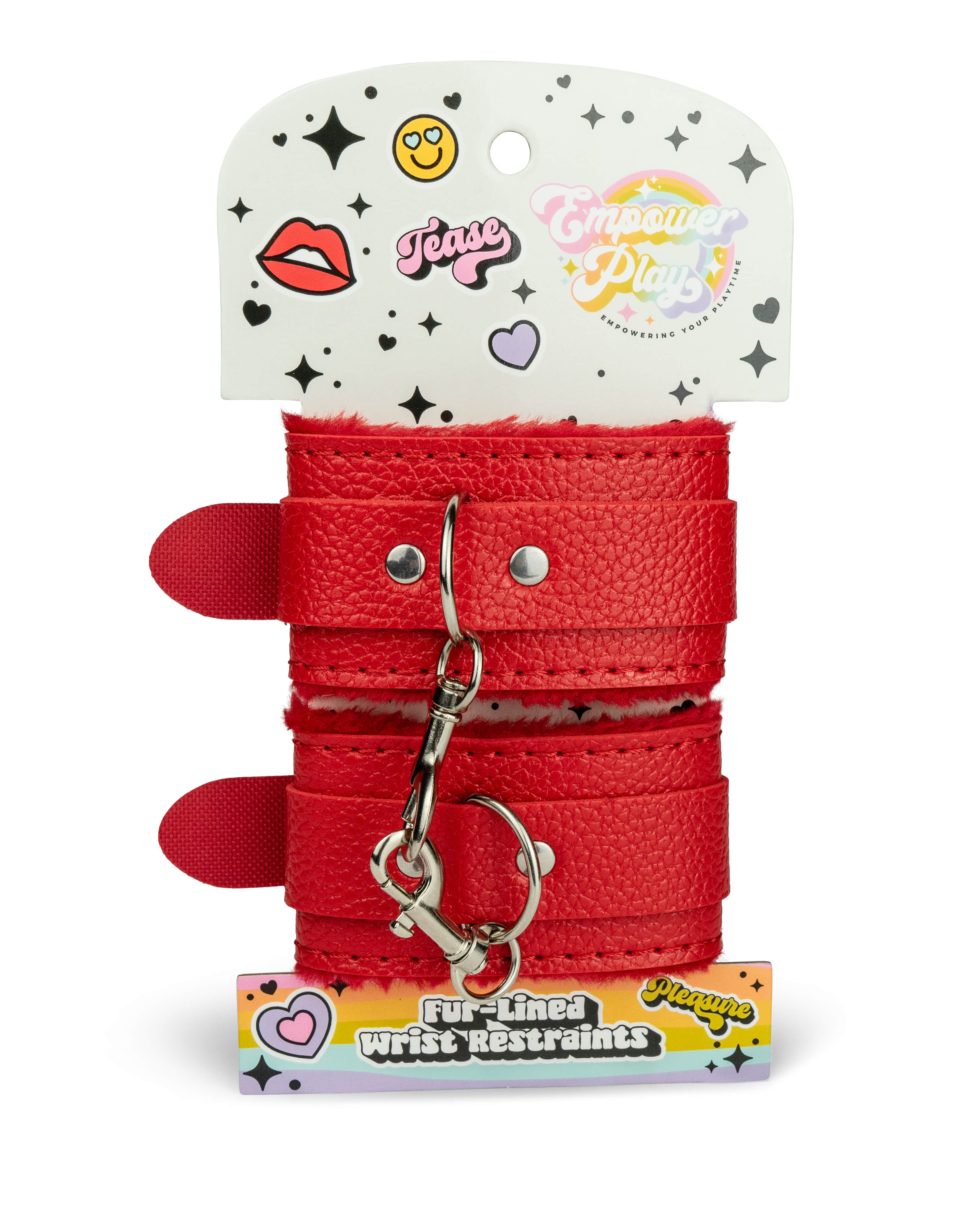 Front of Empower Play packaging for scarlet red fur-lined wrist restraints made for beginner bondage play