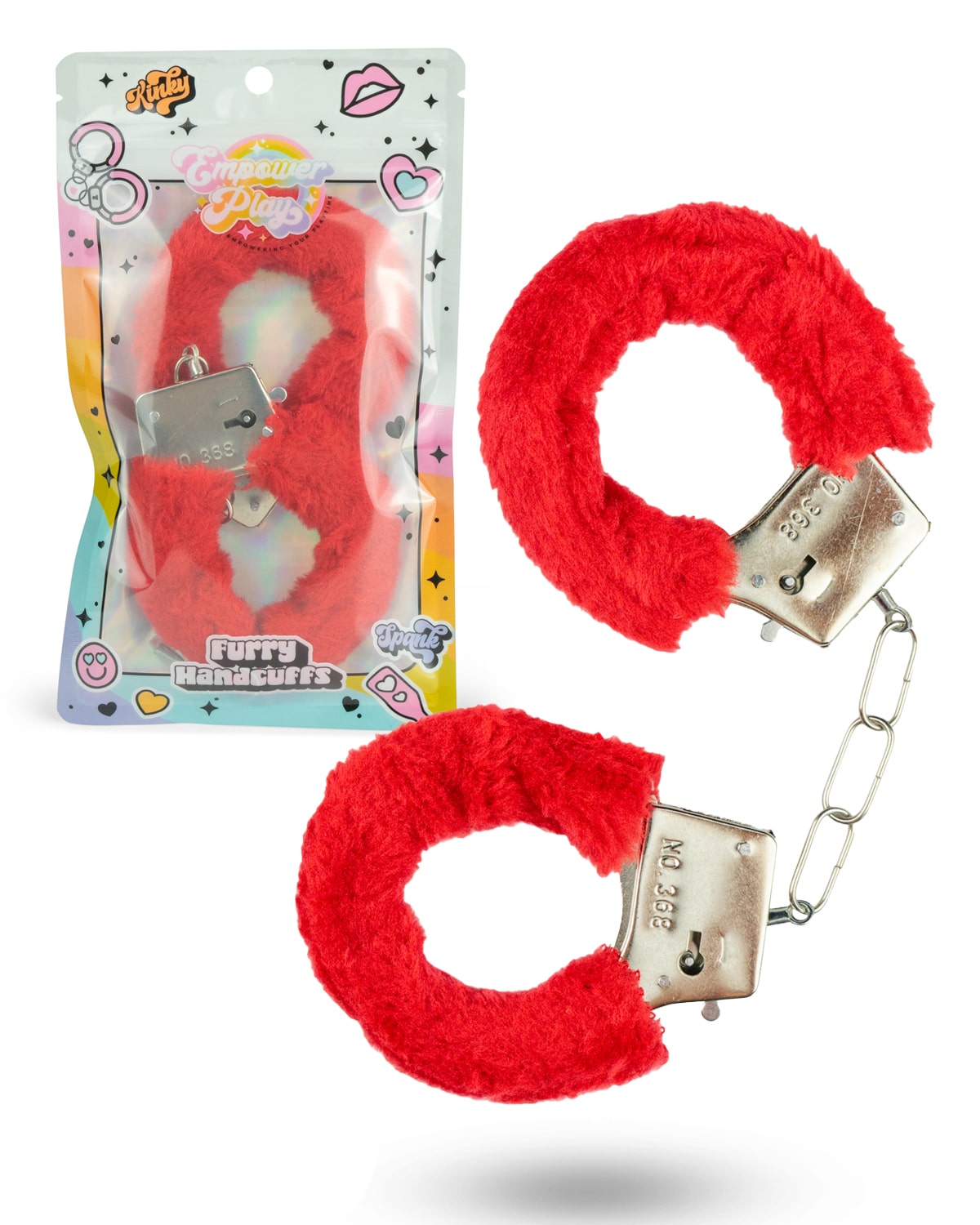Scarlet red furry handcuffs shown in Empower Play retail packaging with plush cuffs displayed outside the package for bondage roleplay