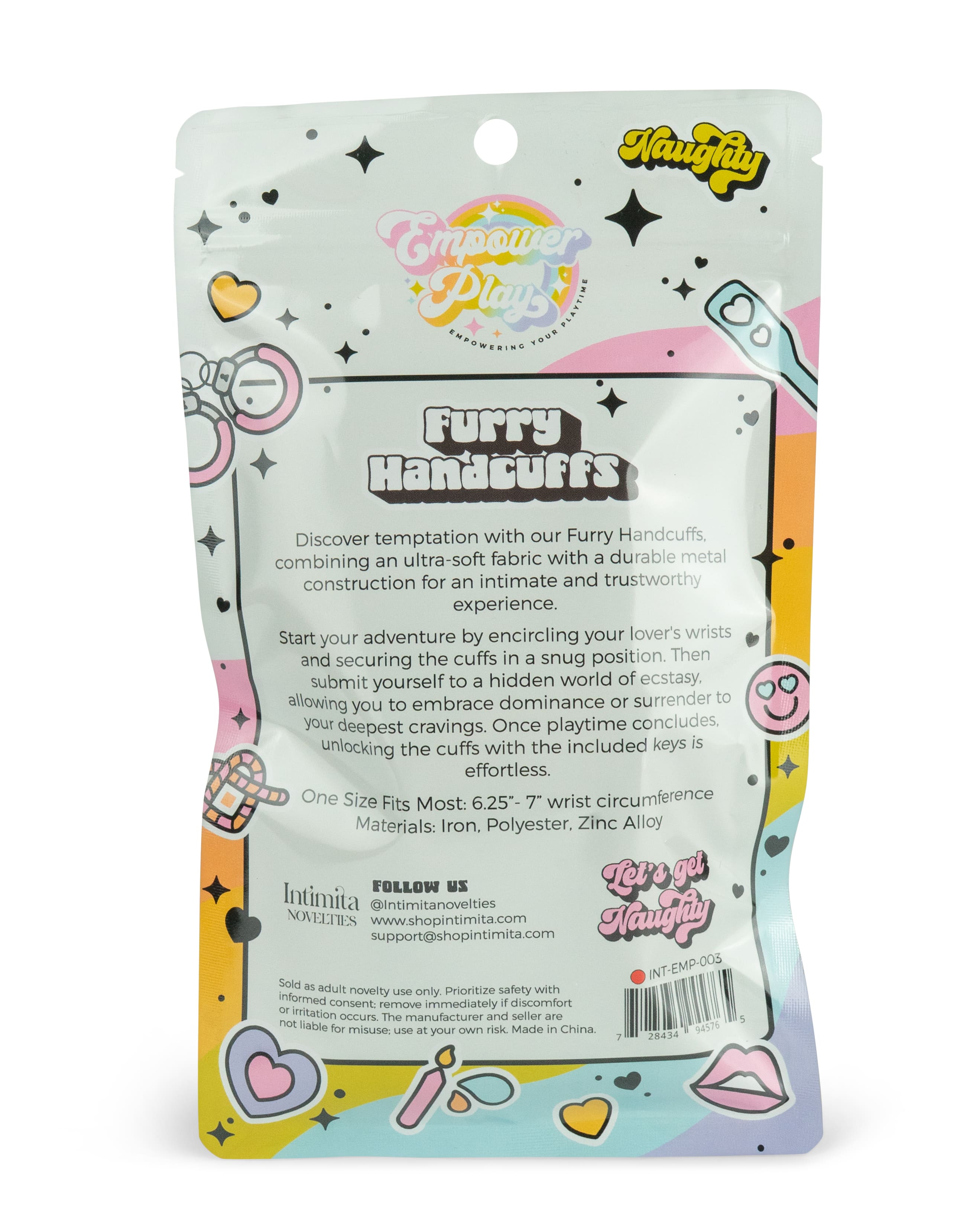 Back of scarlet red furry handcuffs packaging showing product description, sizing, and care details