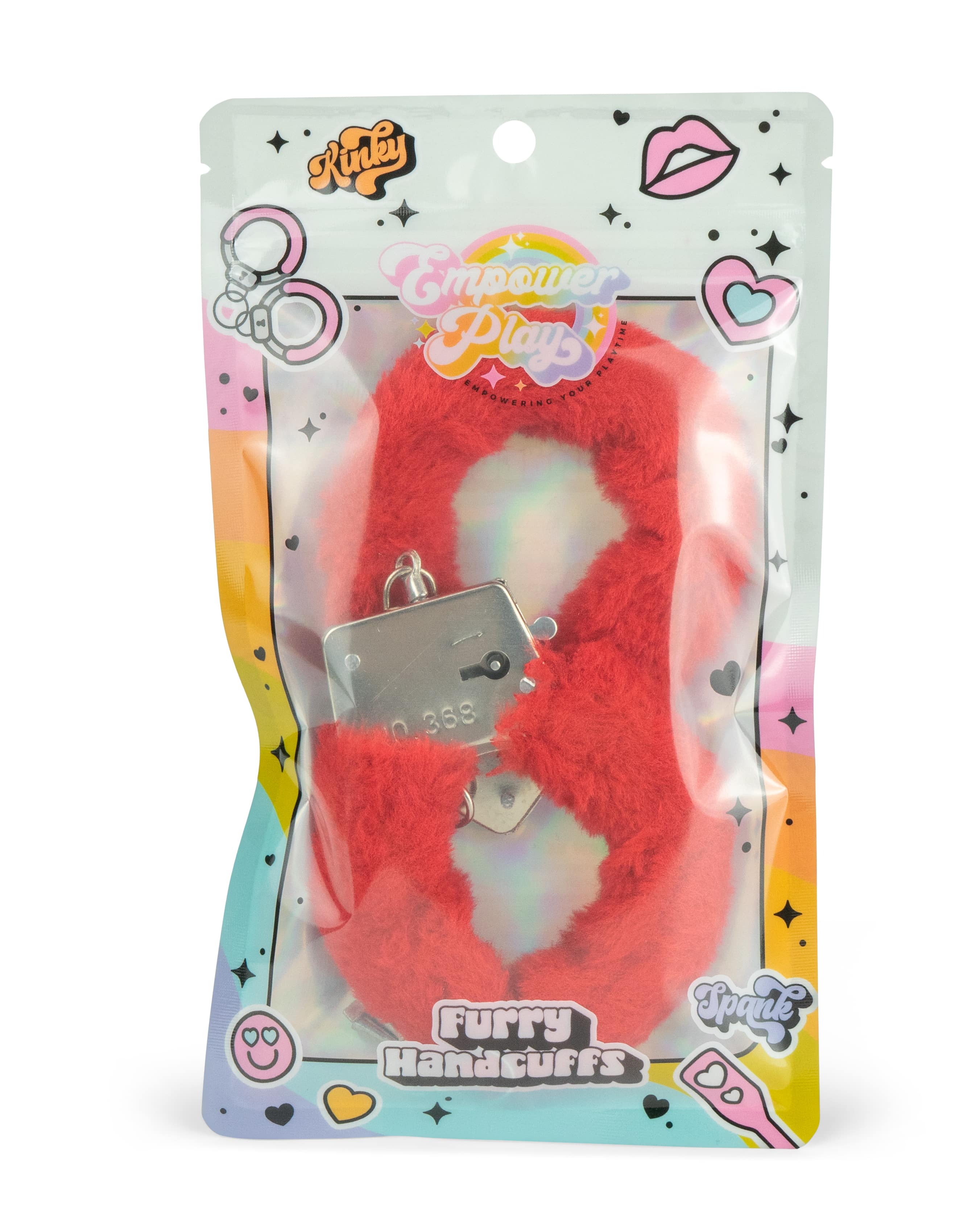 Front view of Empower Play packaging for scarlet red furry handcuffs made for beginner bondage play