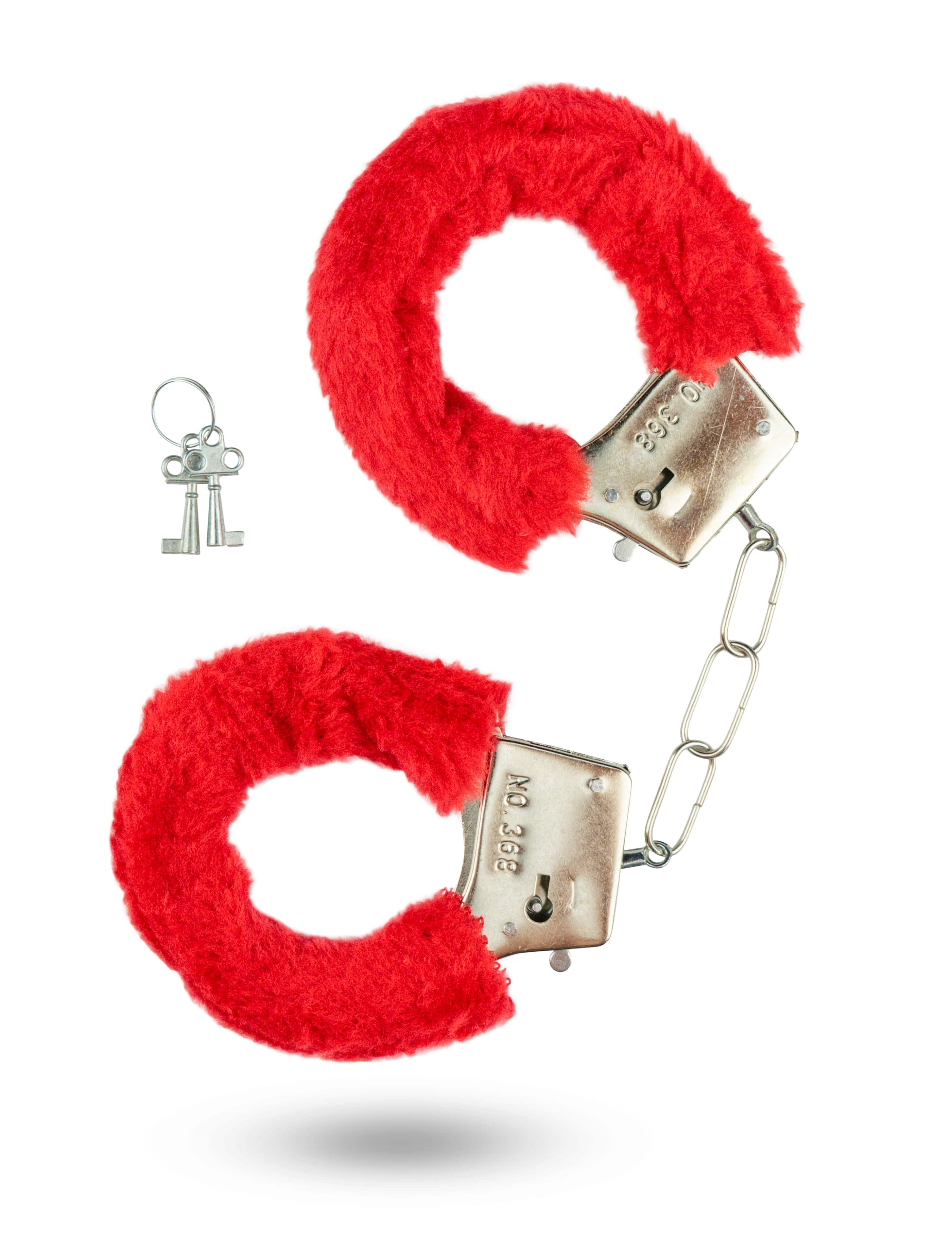 Scarlet red furry handcuffs with metal chain and keys, plush cuffs for beginner bondage, playful restraint, and roleplay