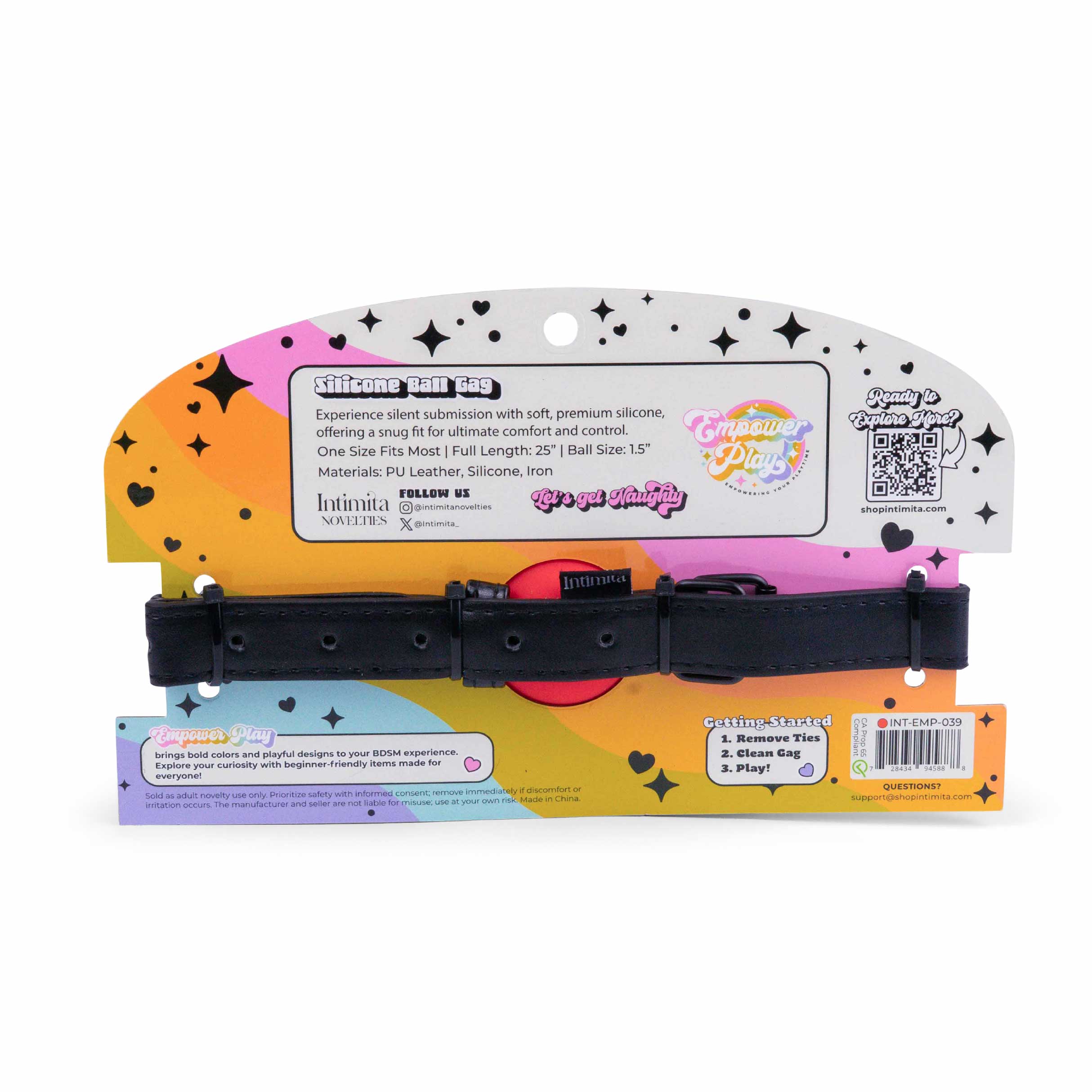 Back of scarlet red silicone ball gag packaging with product information