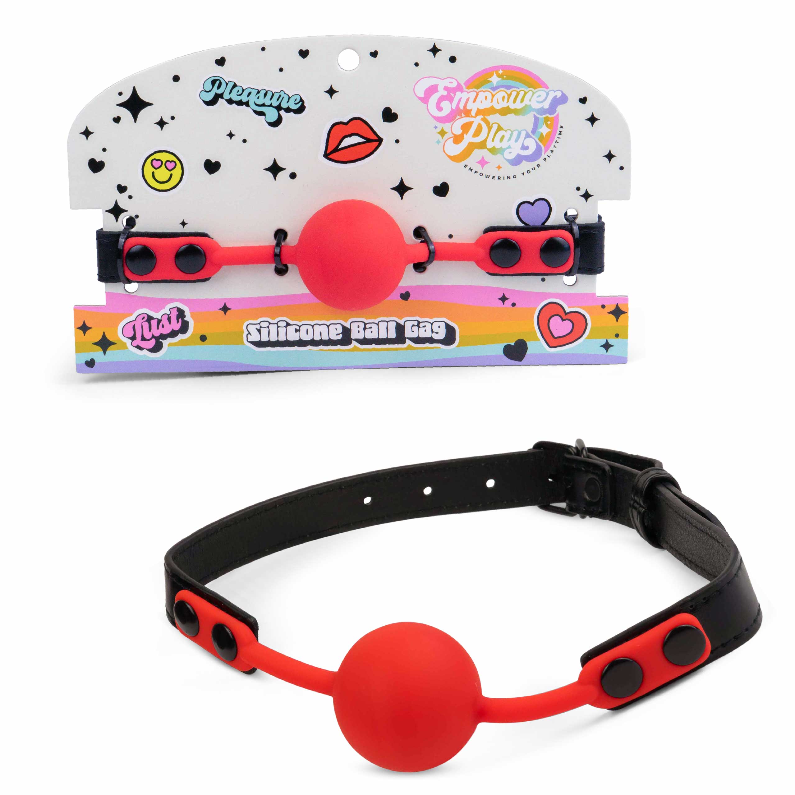 Scarlet red silicone ball gag by Empower Play with retail packaging, bold beginner mouth gag