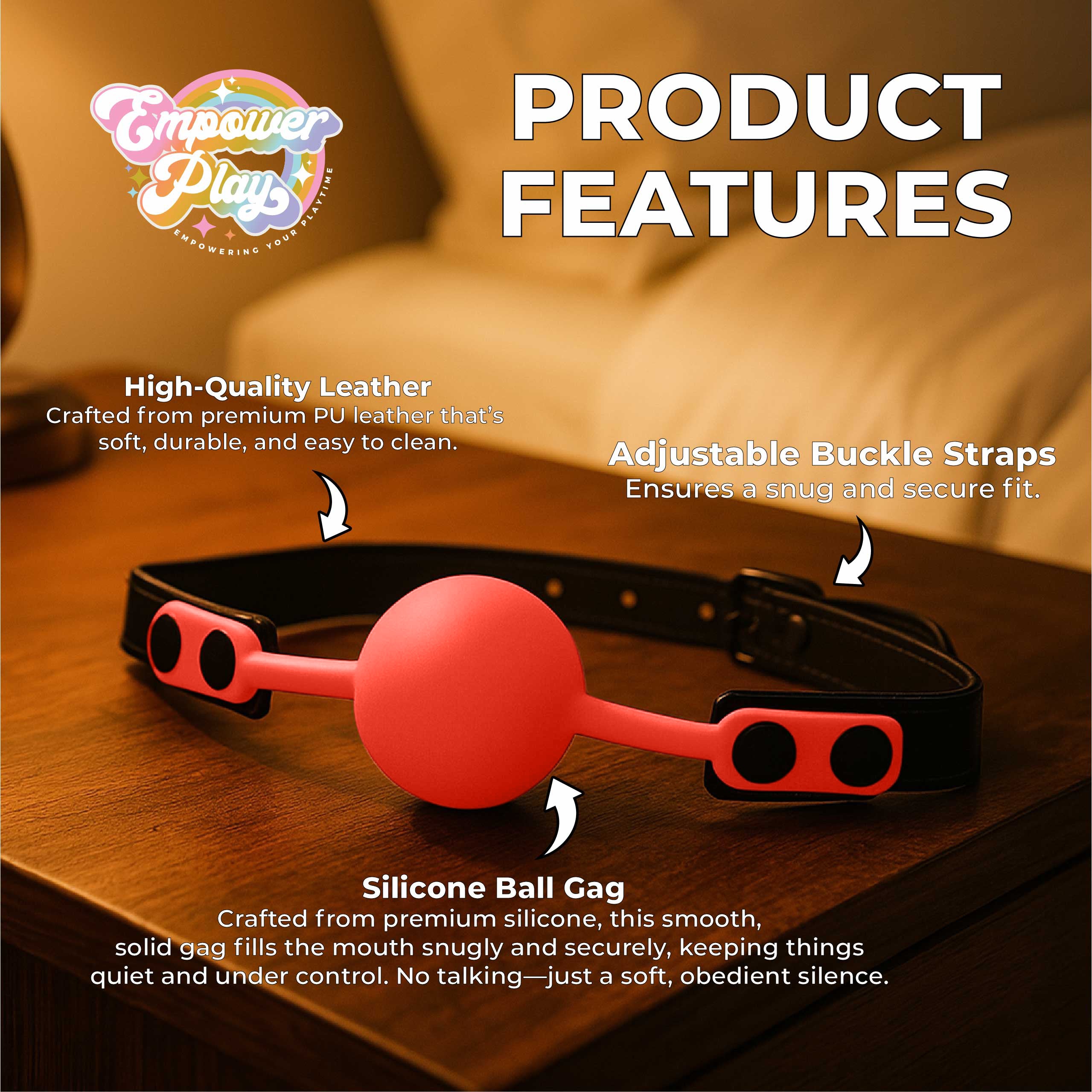 Scarlet red silicone ball gag highlighting body-safe silicone and buckle straps