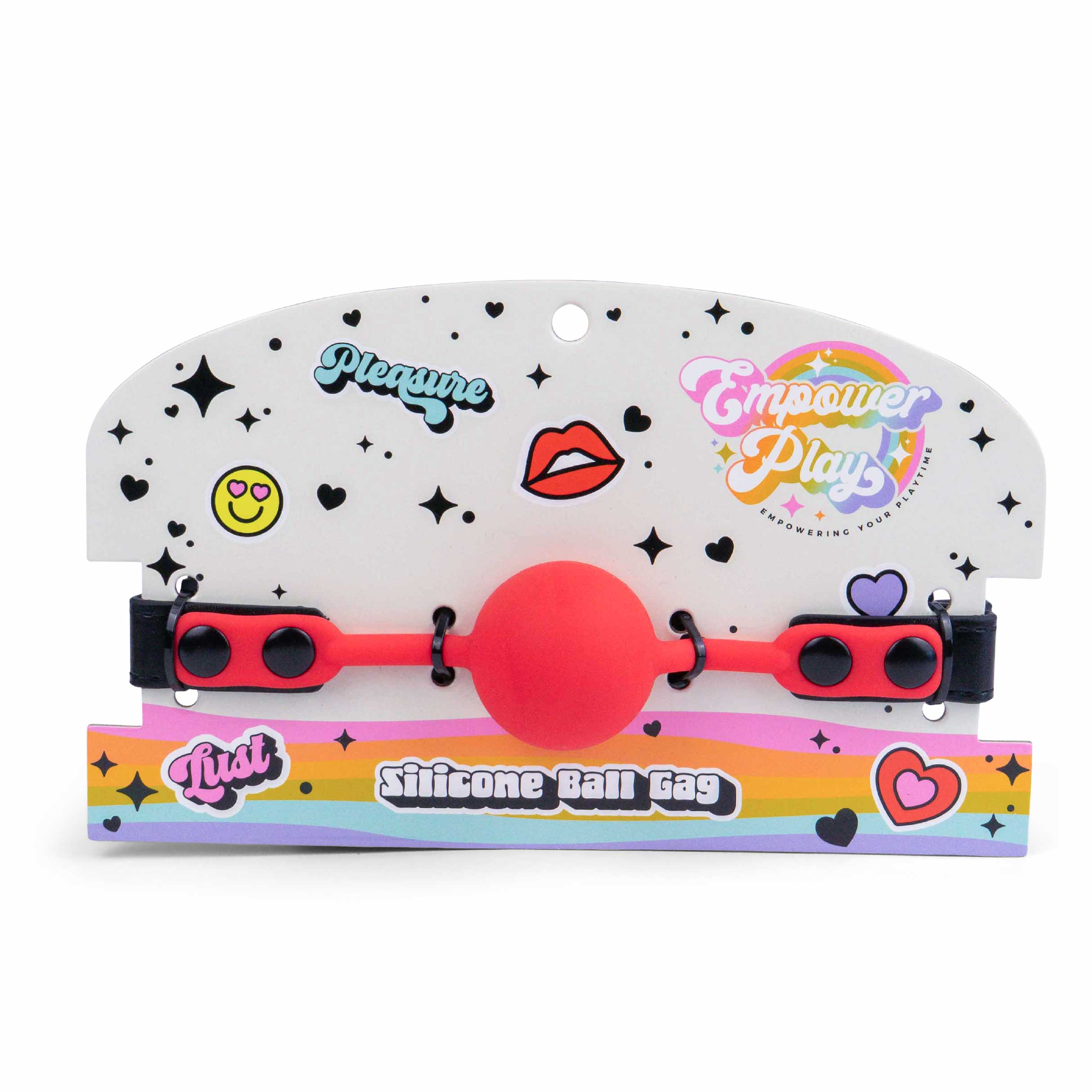 Front view of scarlet red silicone ball gag retail packaging