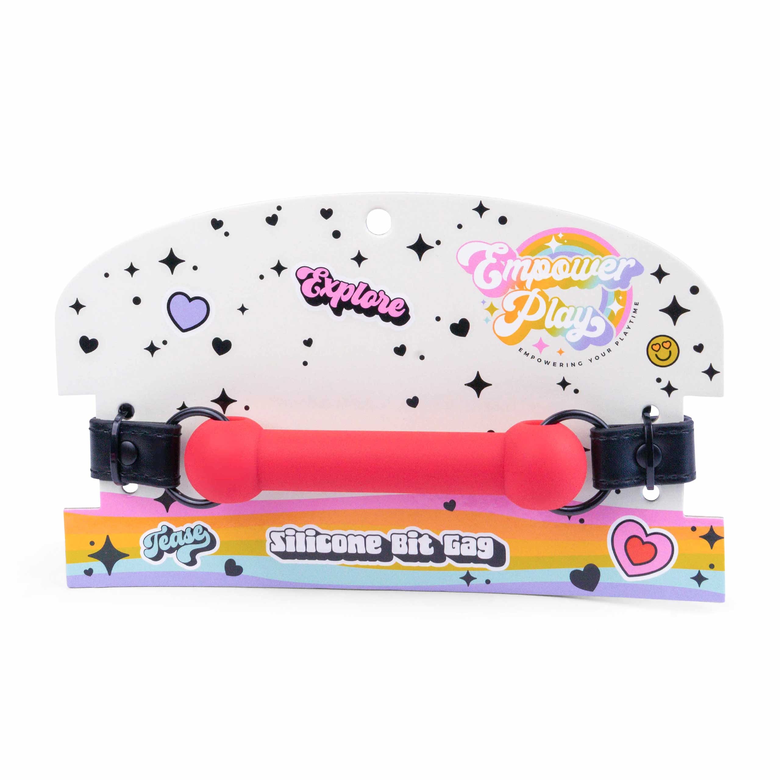 Front view of Scarlet red silicone bit gag retail packaging by Empower Play