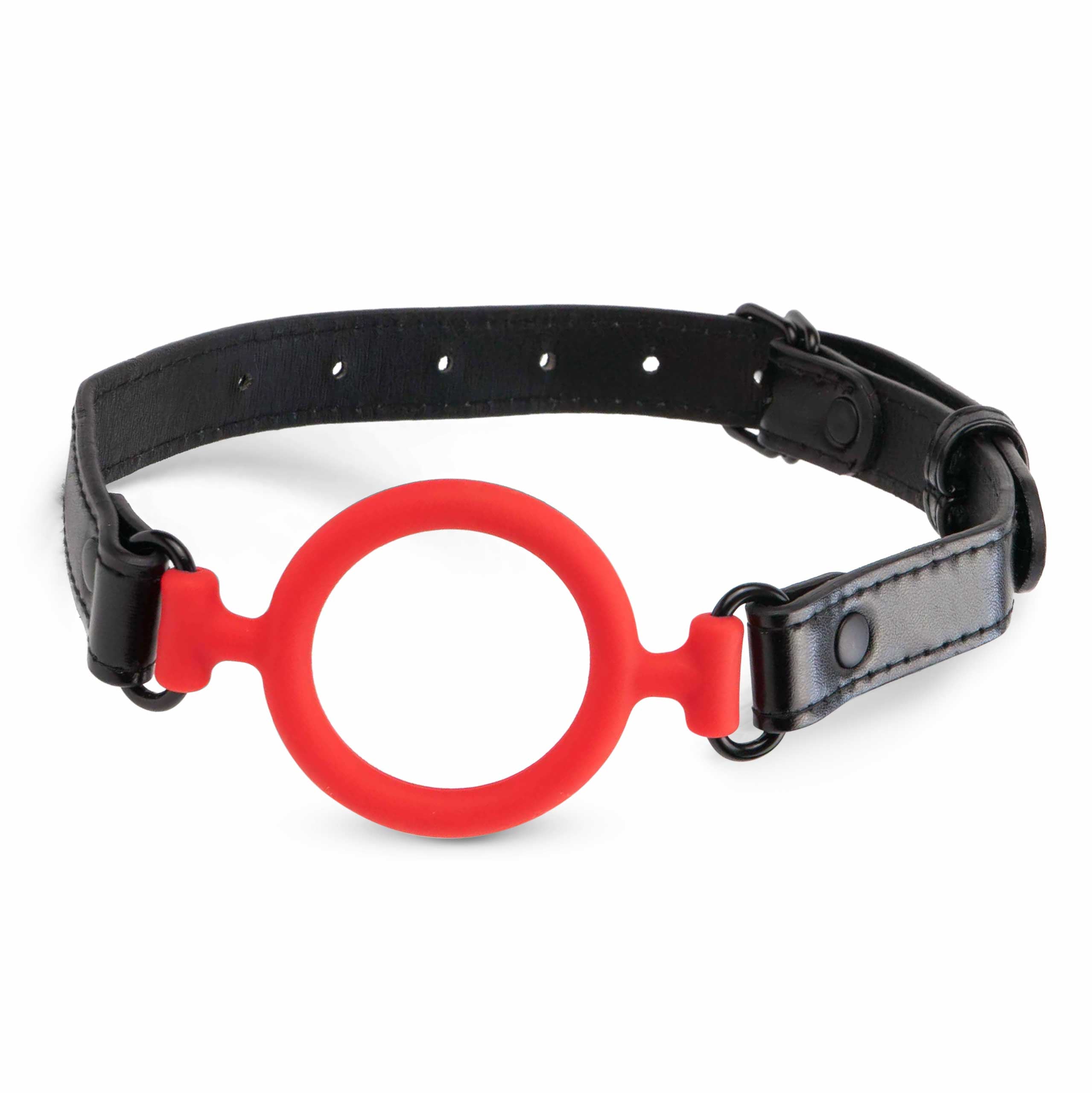 Adjustable scarlet red silicone O-ring mouth gag with PU leather straps and buckle closure
