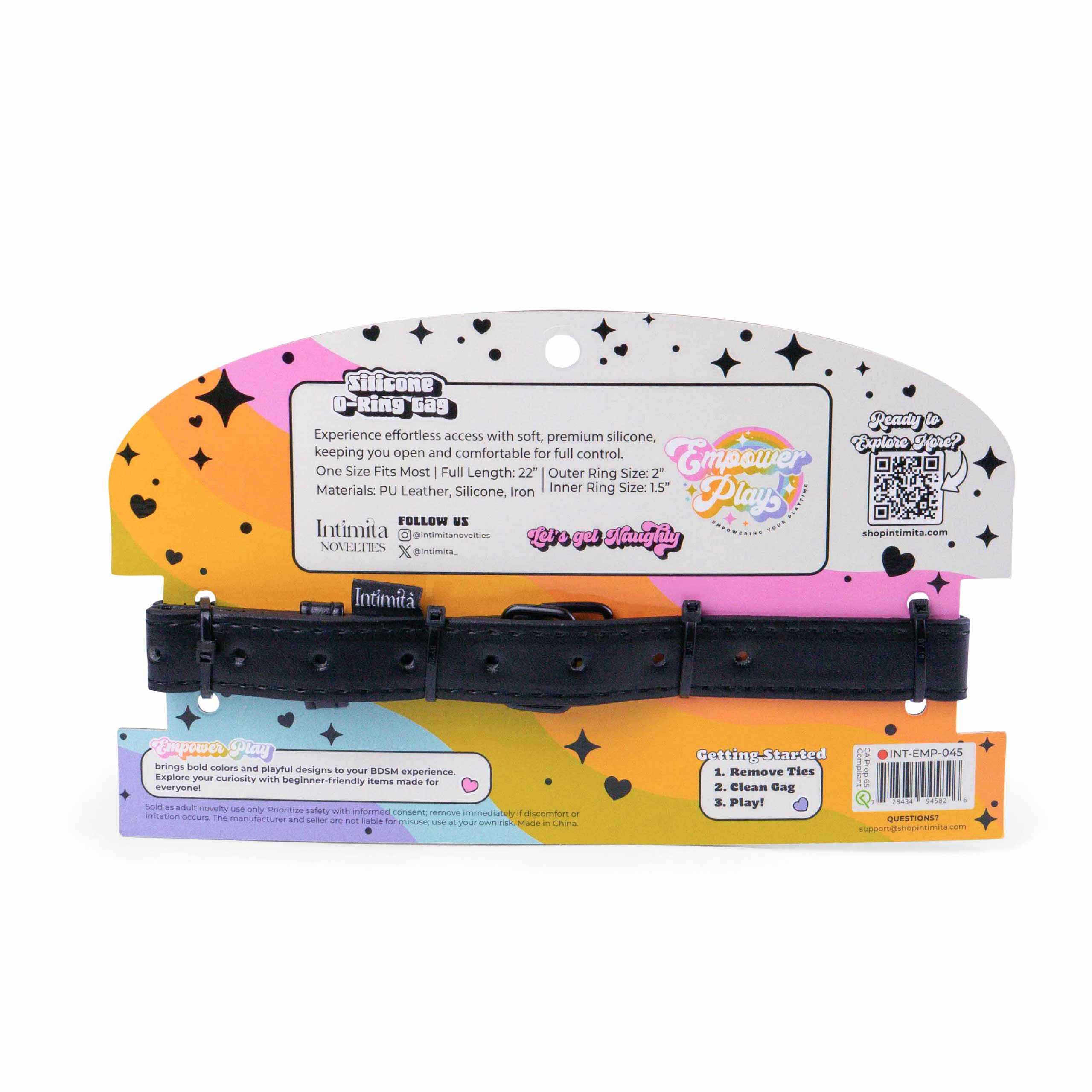 Back of Empower Play silicone O-ring gag packaging with material and sizing details in scarlet red