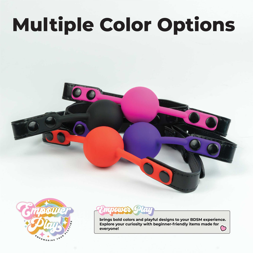 Silicone ball gags in berry pink, royal purple, scarlet red, and midnight black color options