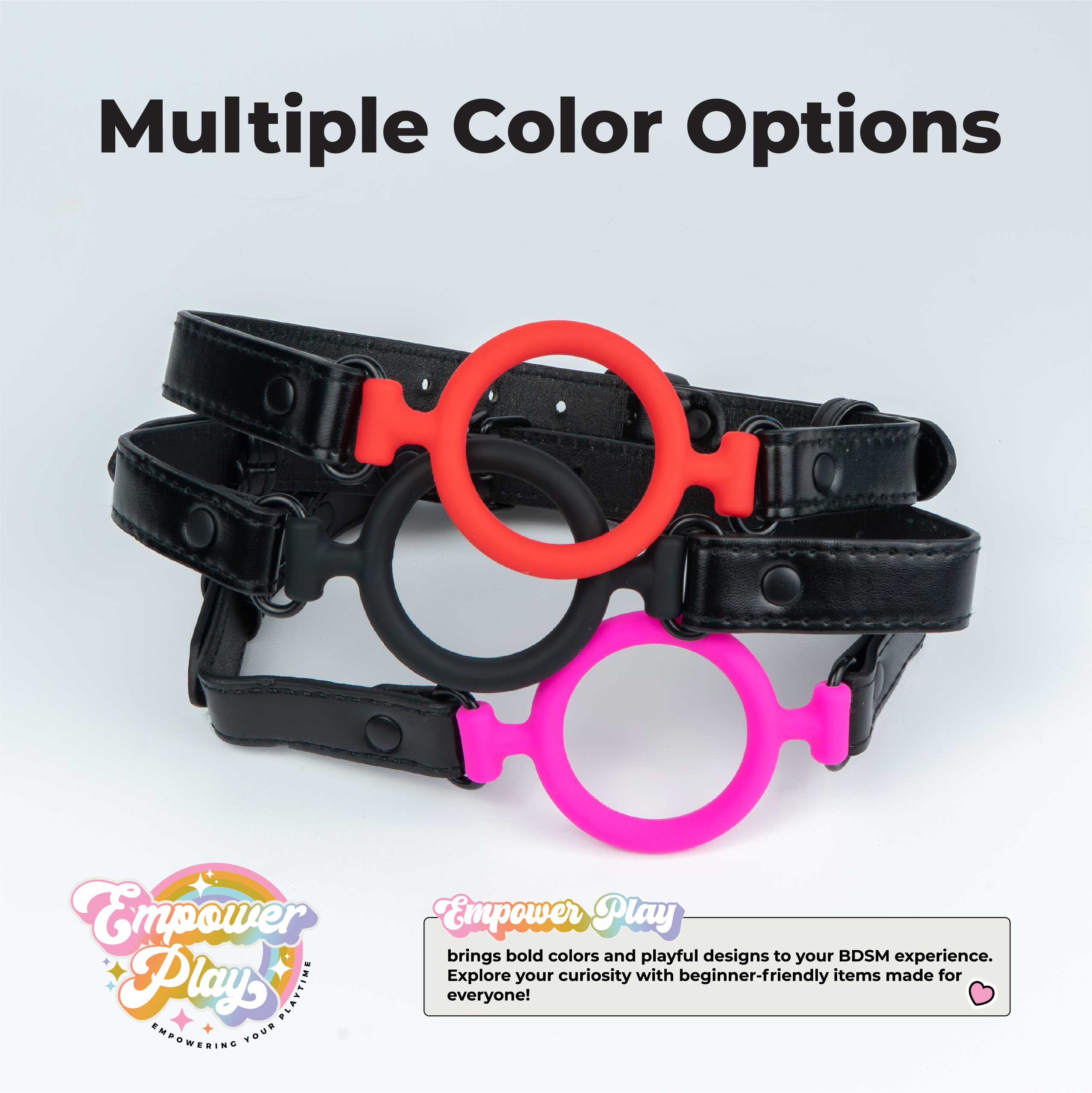 Silicone O-ring gag available in midnight black, scarlet red, and berry pink color options
