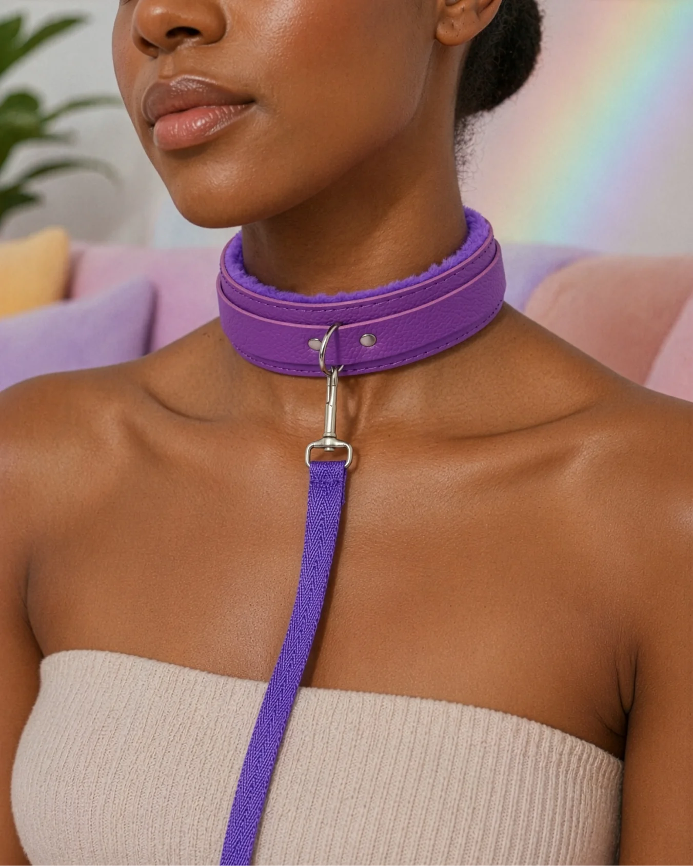 Woman wearing purple BDSM collar and leash, soft comfortable collar for expressive restraint and couples exploration